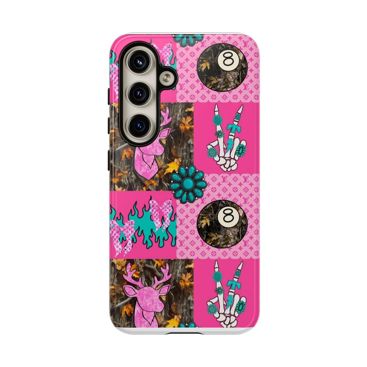 Pink Country Patchwork Phone Case – Billiard 8-Ball, Deer & Skeleton Hand Design