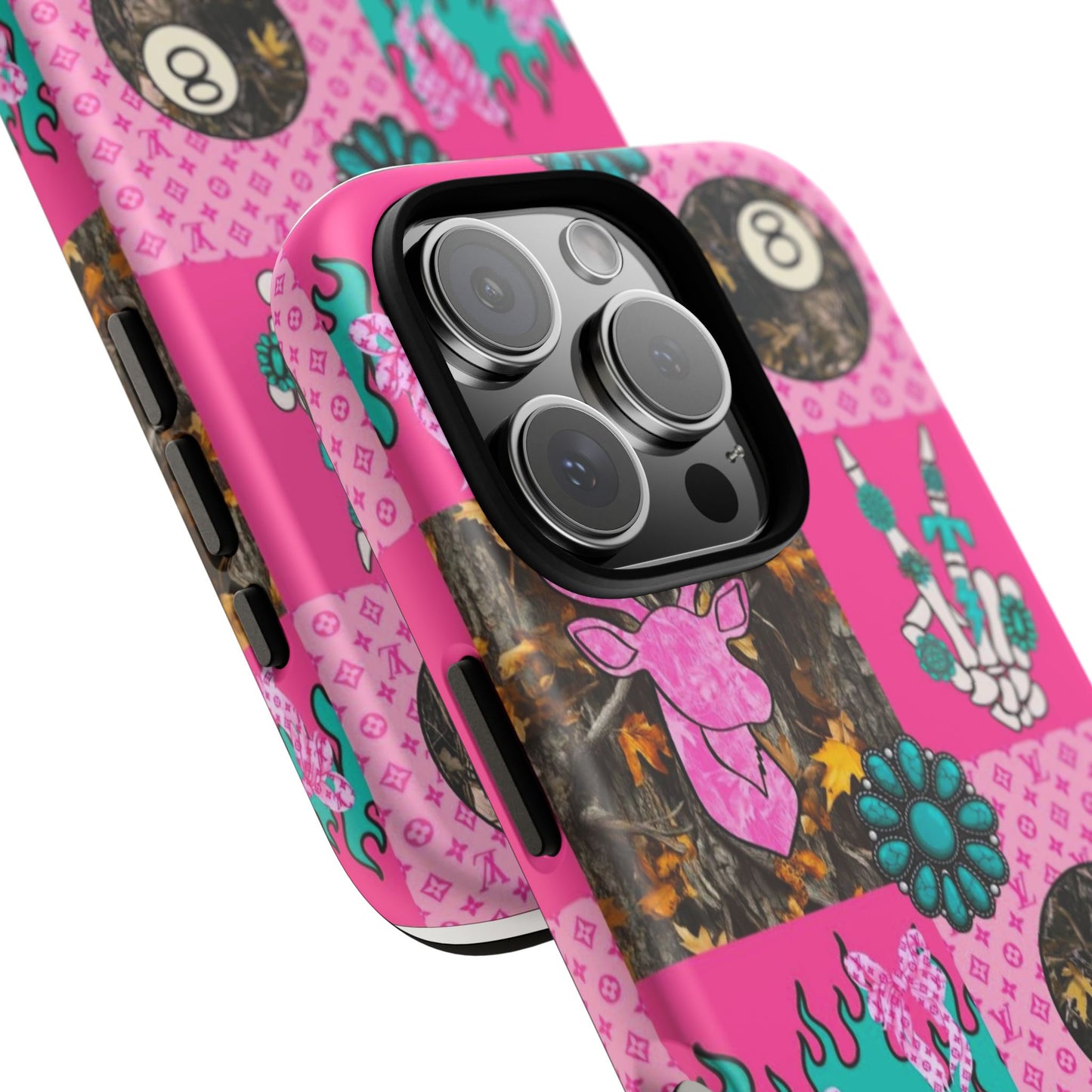 Pink Country Patchwork Phone Case – Billiard 8-Ball, Deer & Skeleton Hand Design
