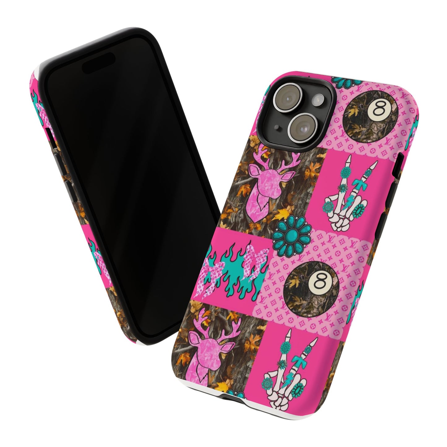 Pink Country Patchwork Phone Case – Billiard 8-Ball, Deer & Skeleton Hand Design