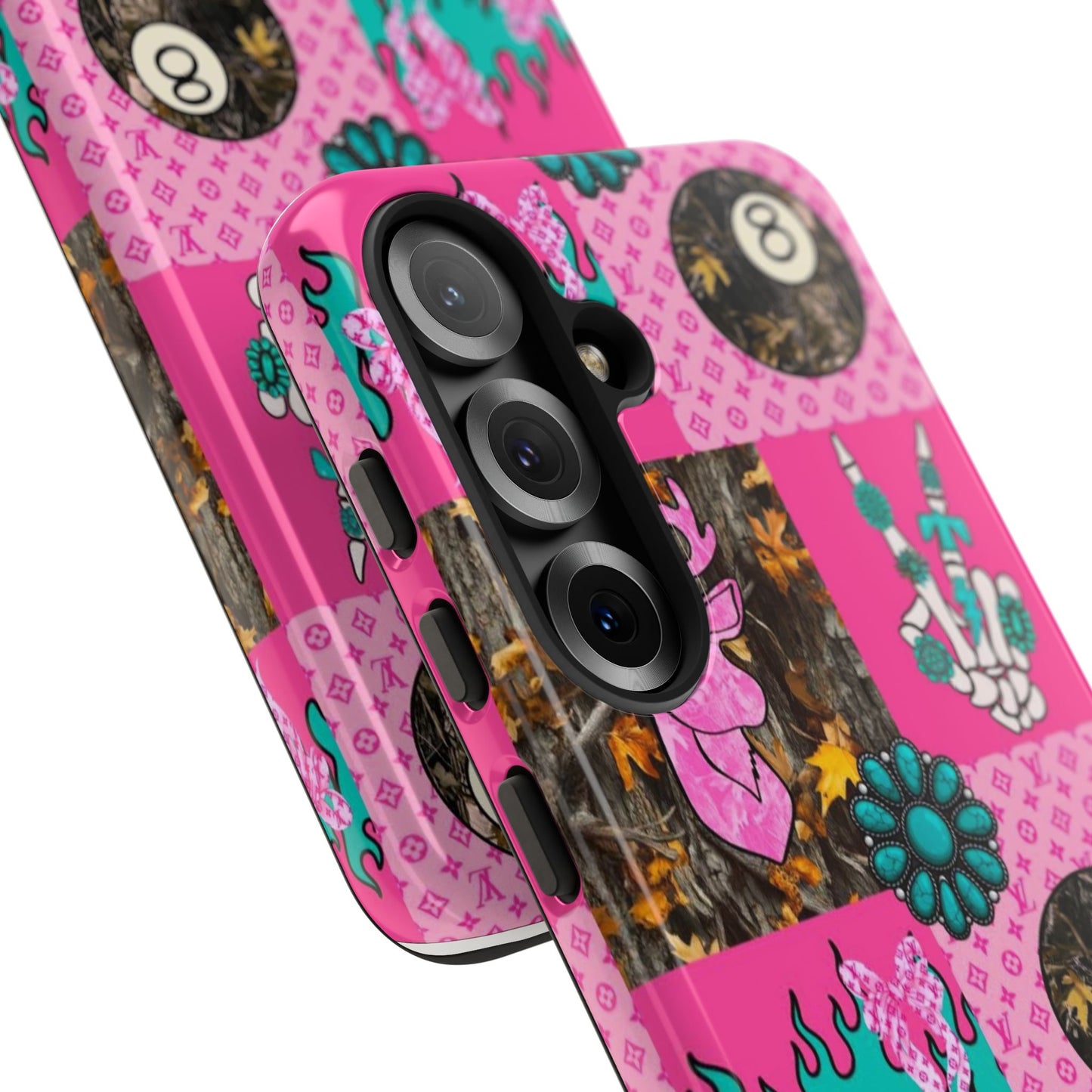 Pink Country Patchwork Phone Case – Billiard 8-Ball, Deer & Skeleton Hand Design
