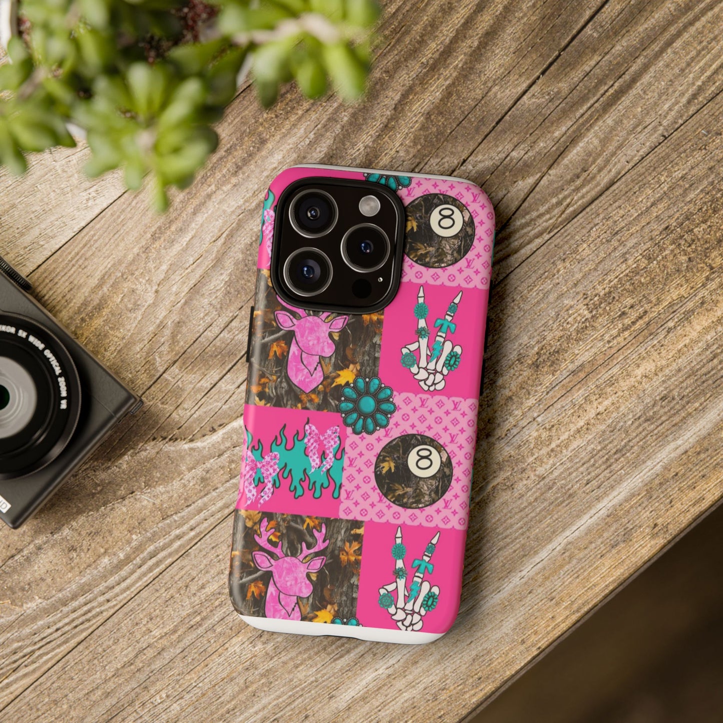 Pink Country Patchwork Phone Case – Billiard 8-Ball, Deer & Skeleton Hand Design