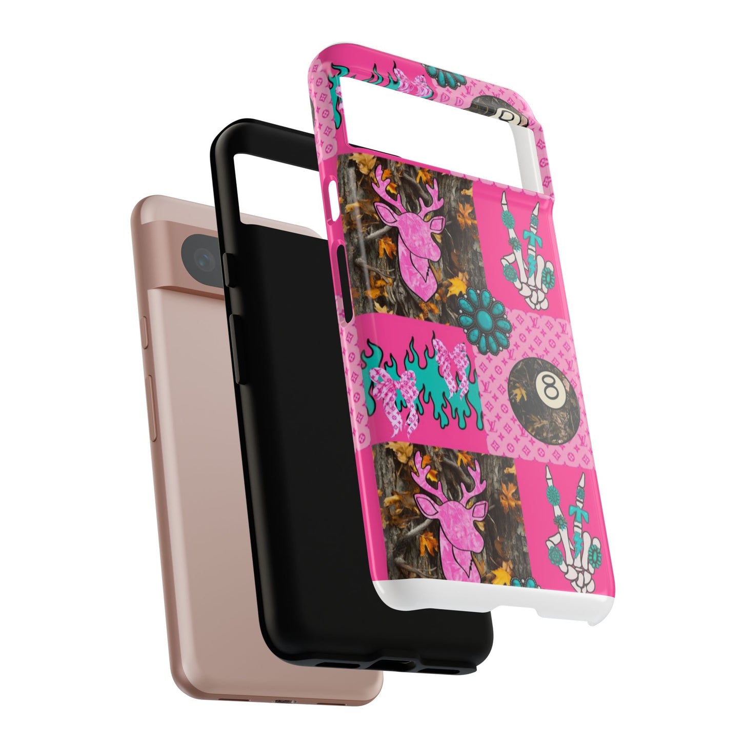 Pink Country Patchwork Phone Case – Billiard 8-Ball, Deer & Skeleton Hand Design