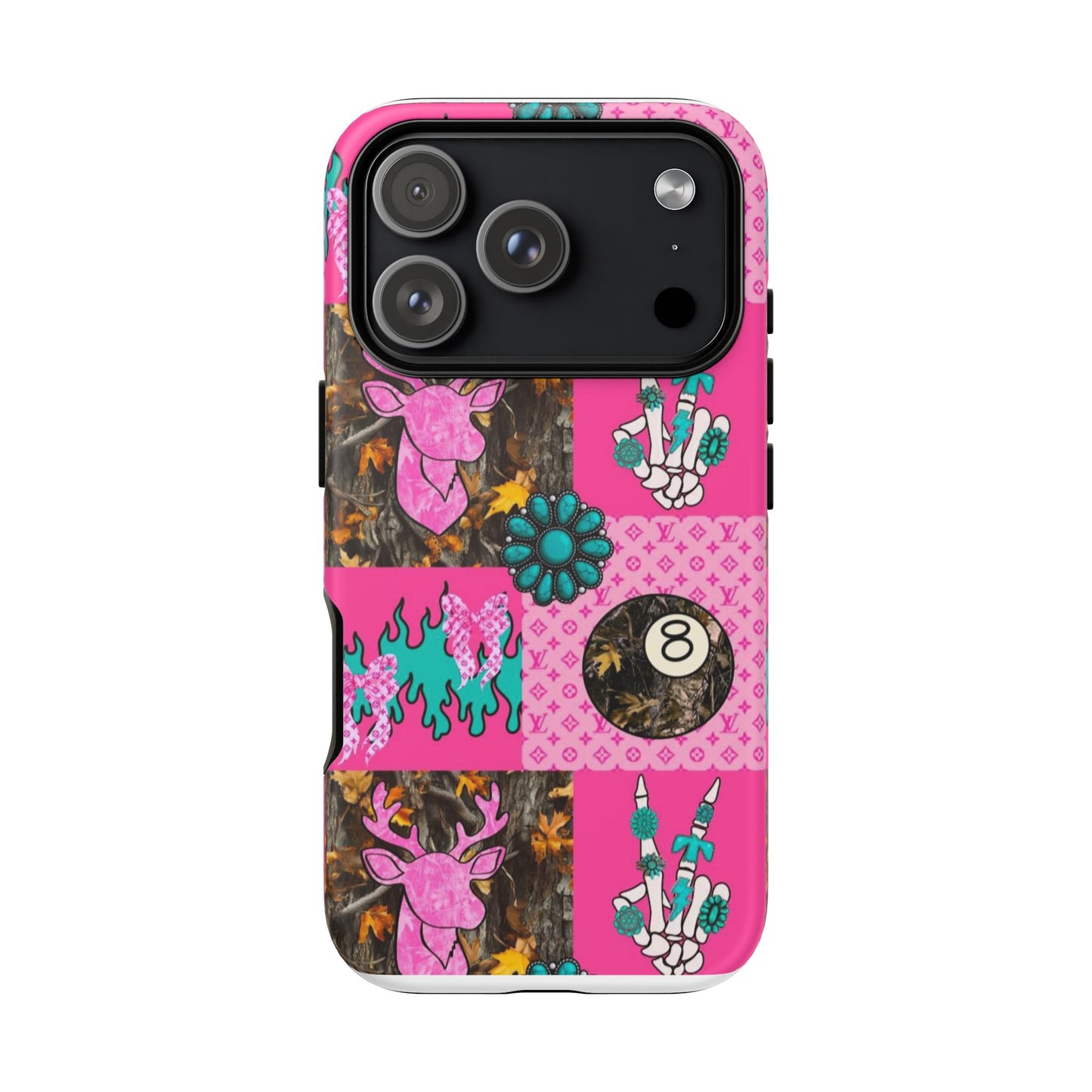 Pink Country Patchwork Phone Case – Billiard 8-Ball, Deer & Skeleton Hand Design