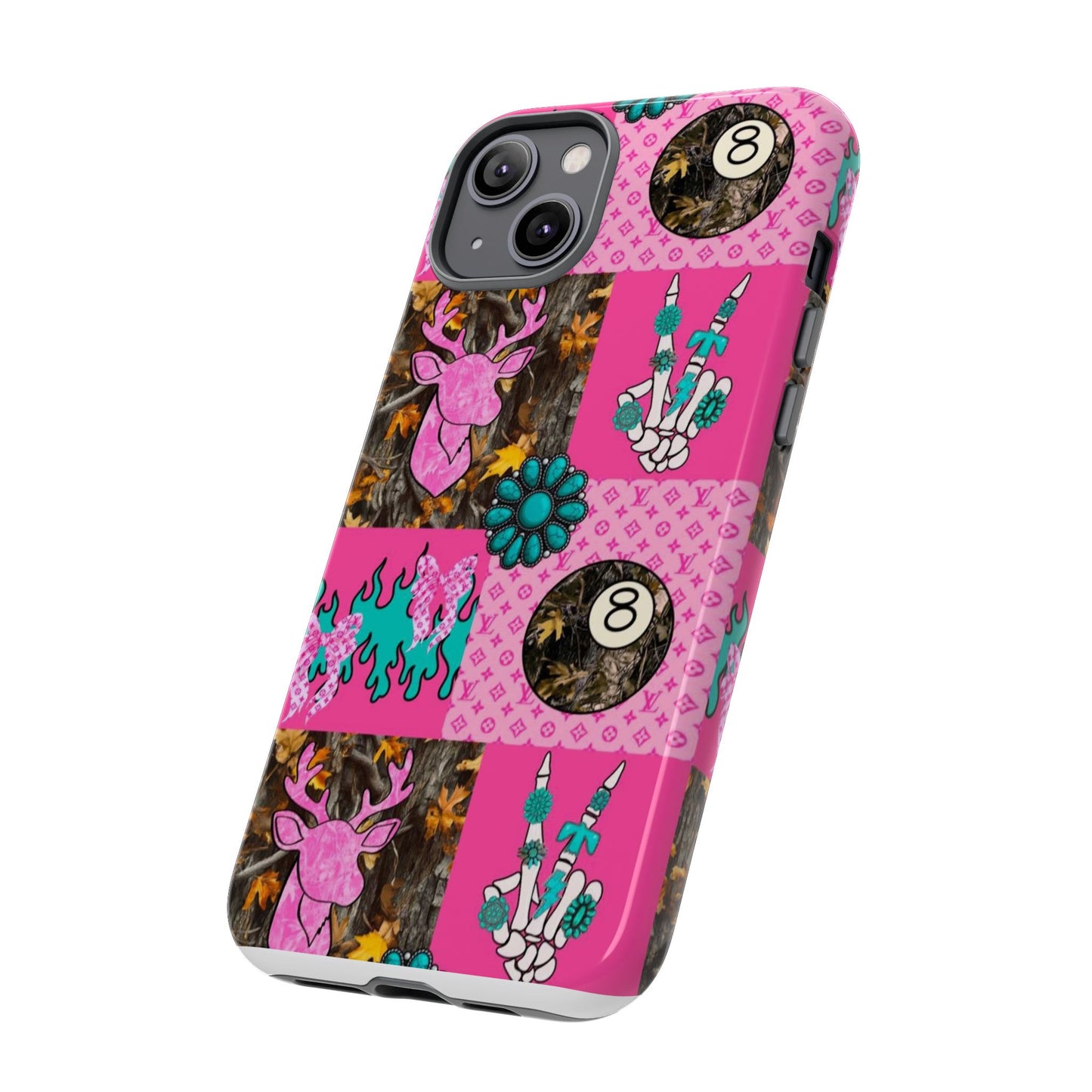 Pink Country Patchwork Phone Case – Billiard 8-Ball, Deer & Skeleton Hand Design