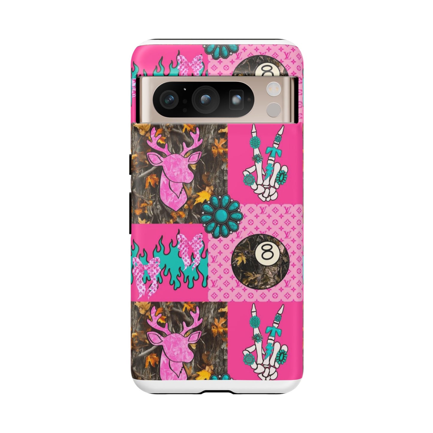 Pink Country Patchwork Phone Case – Billiard 8-Ball, Deer & Skeleton Hand Design