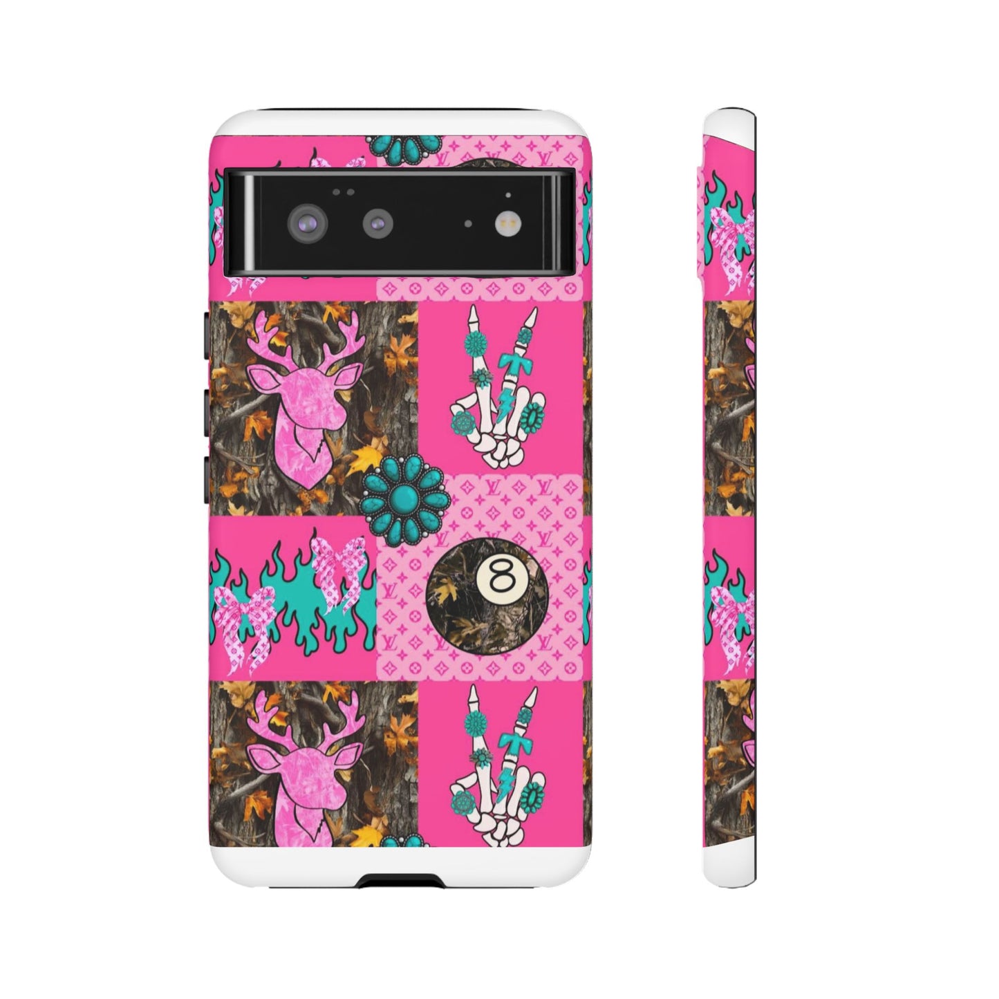Pink Country Patchwork Phone Case – Billiard 8-Ball, Deer & Skeleton Hand Design