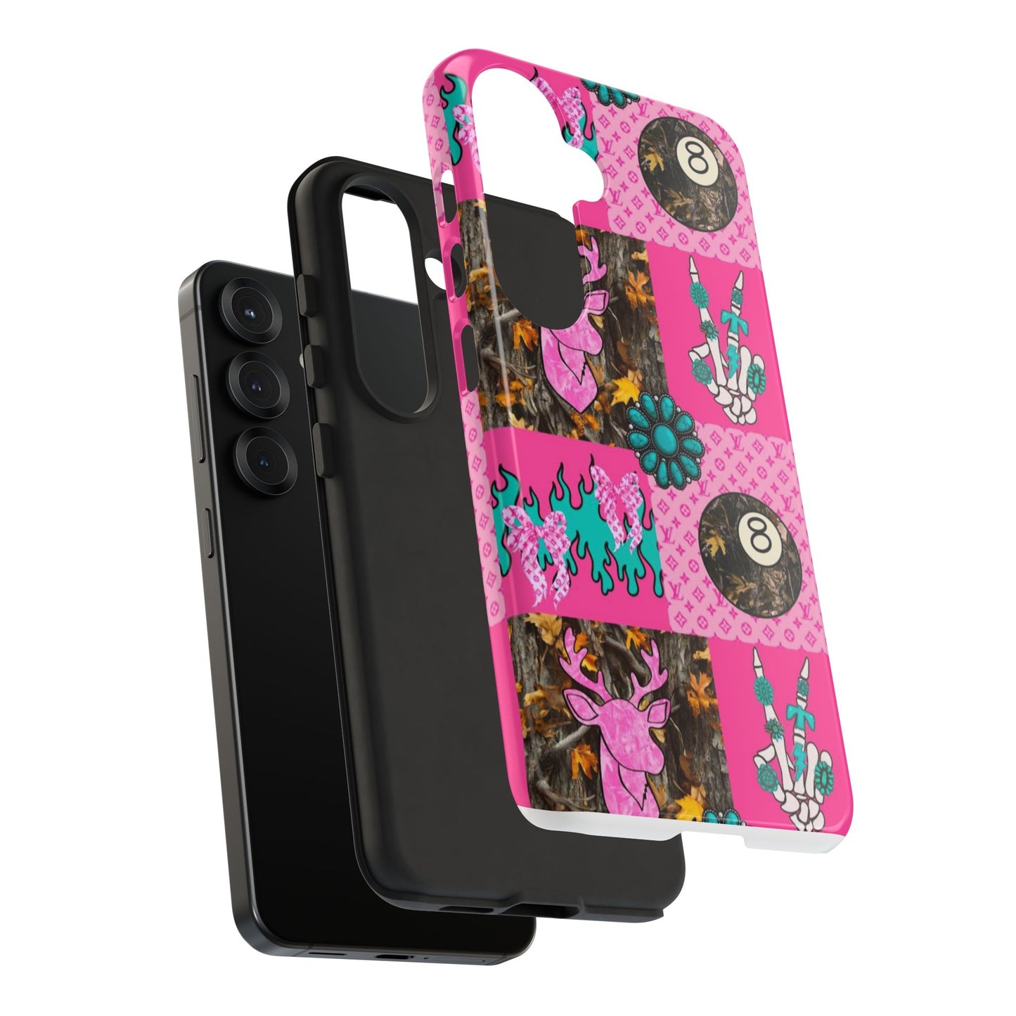 Pink Country Patchwork Phone Case – Billiard 8-Ball, Deer & Skeleton Hand Design