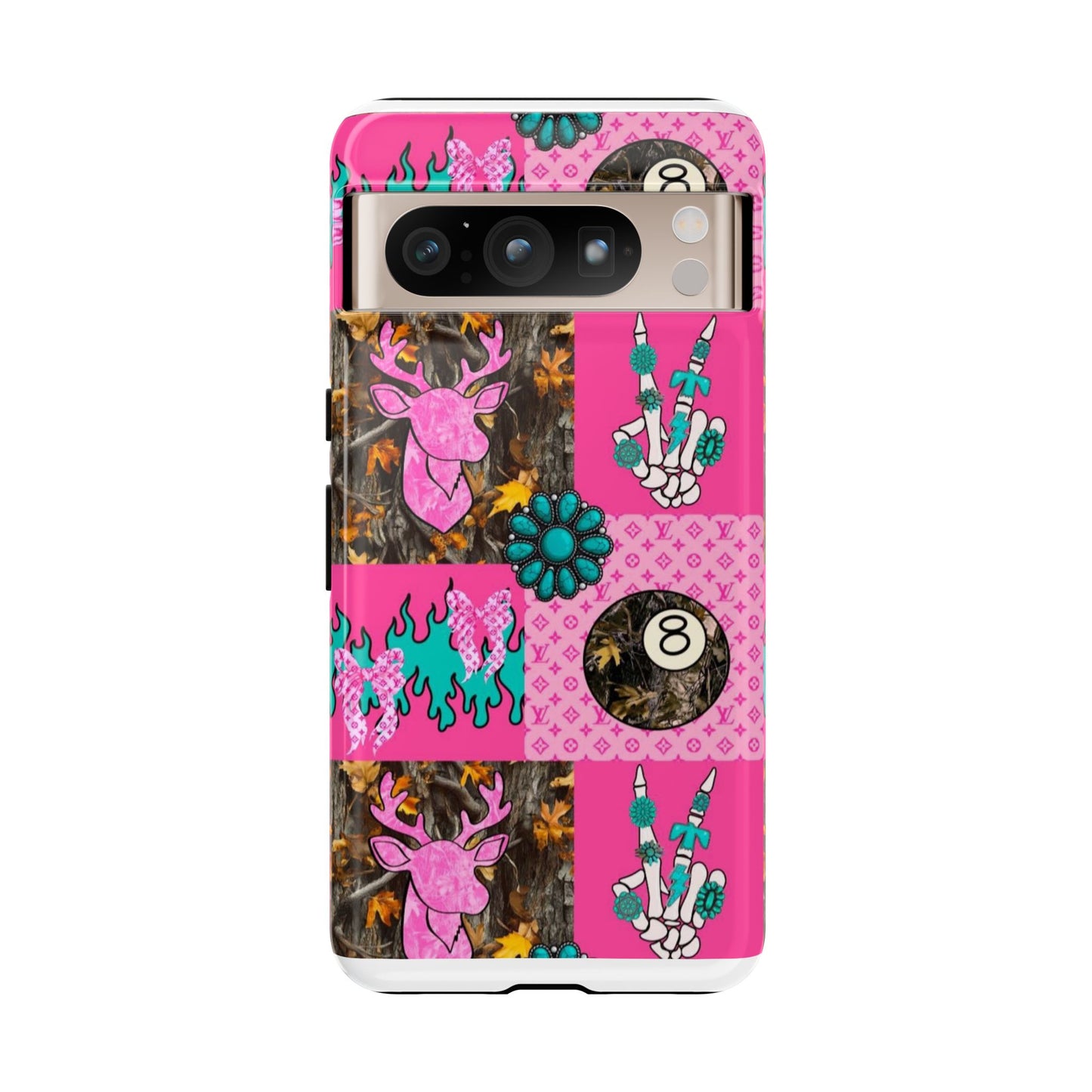 Pink Country Patchwork Phone Case – Billiard 8-Ball, Deer & Skeleton Hand Design