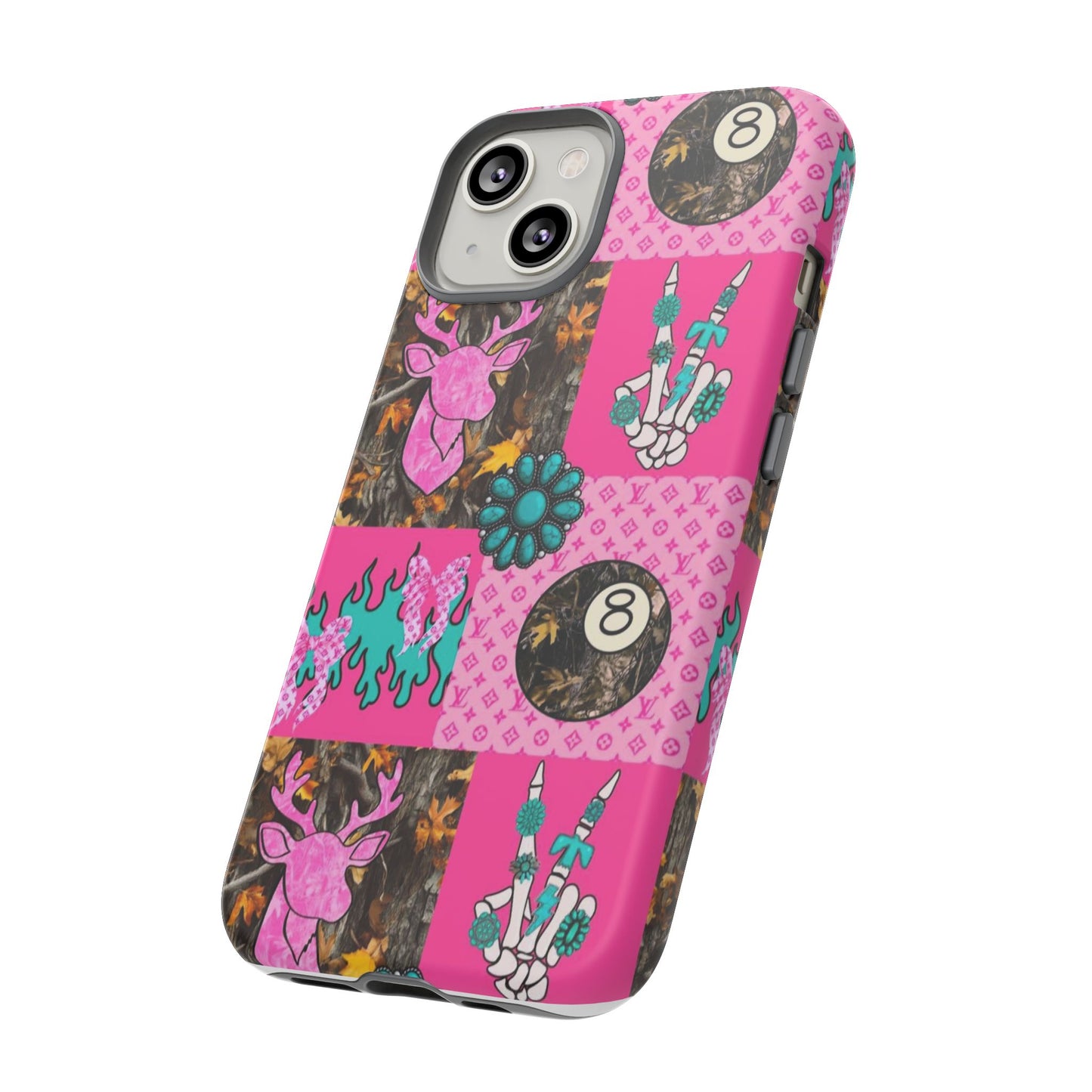 Pink Country Patchwork Phone Case – Billiard 8-Ball, Deer & Skeleton Hand Design
