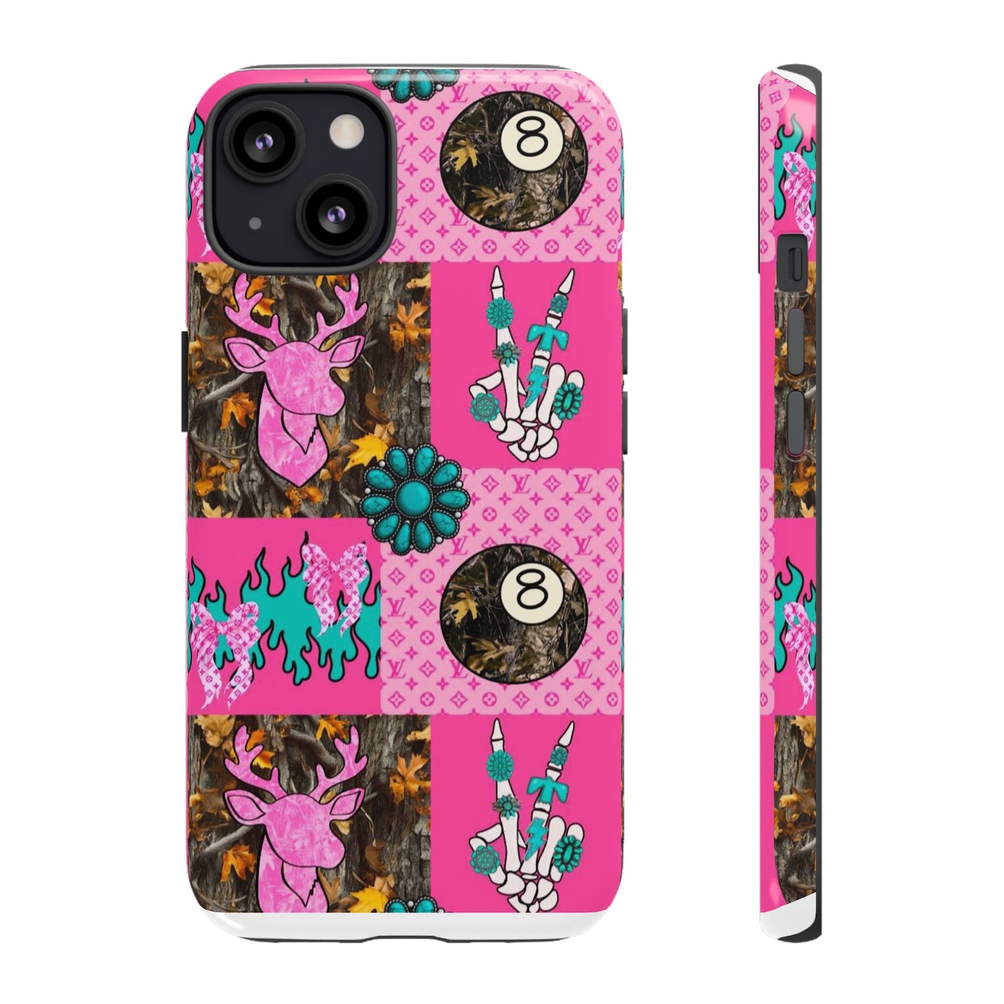 Pink Country Patchwork Phone Case – Billiard 8-Ball, Deer & Skeleton Hand Design