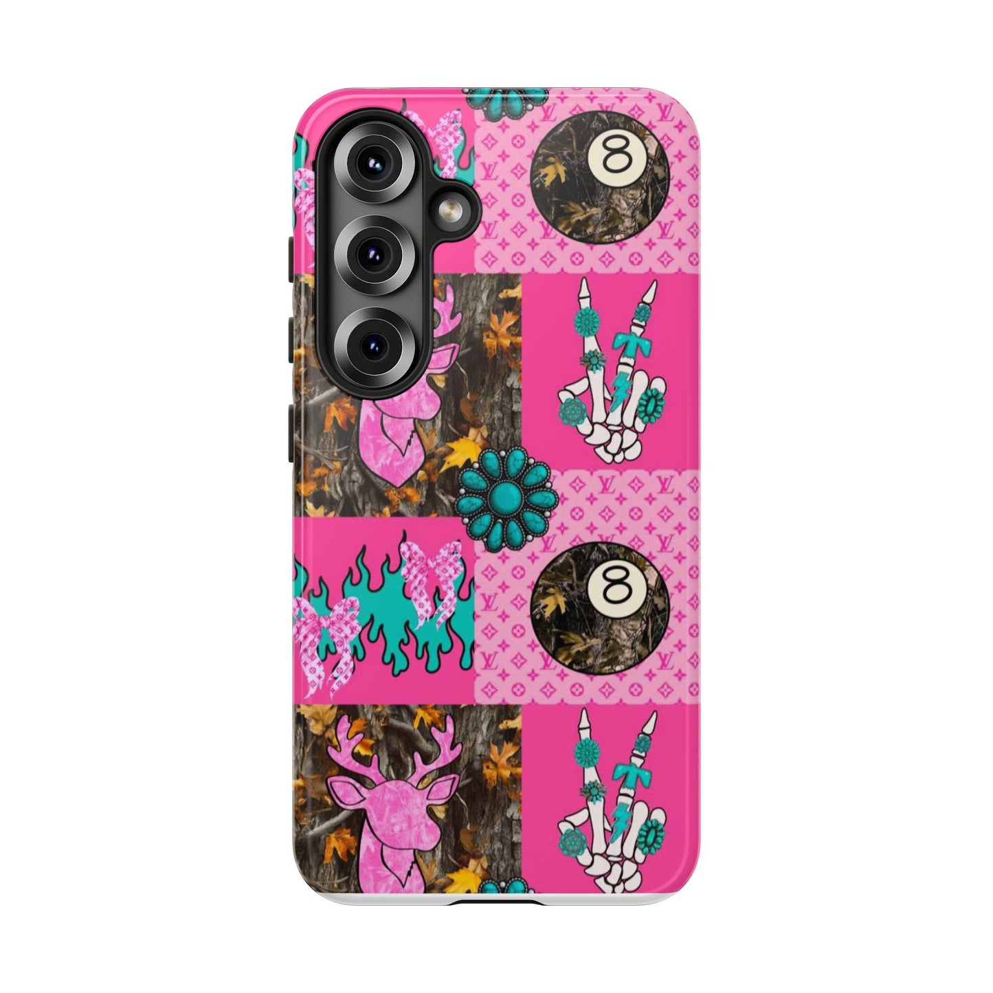 Pink Country Patchwork Phone Case – Billiard 8-Ball, Deer & Skeleton Hand Design
