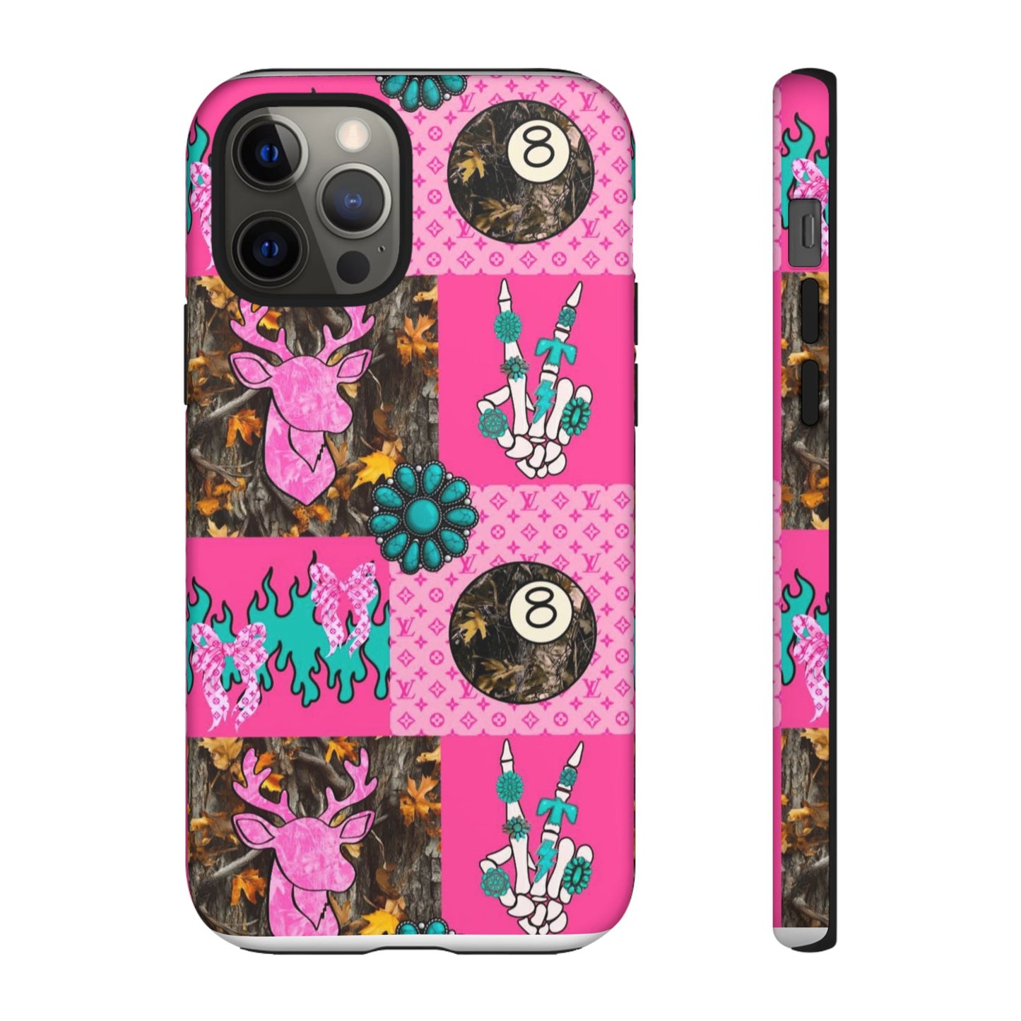 Pink Country Patchwork Phone Case – Billiard 8-Ball, Deer & Skeleton Hand Design