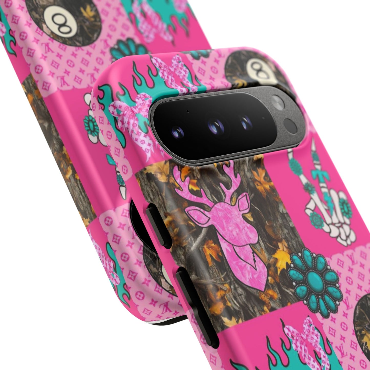 Pink Country Patchwork Phone Case – Billiard 8-Ball, Deer & Skeleton Hand Design
