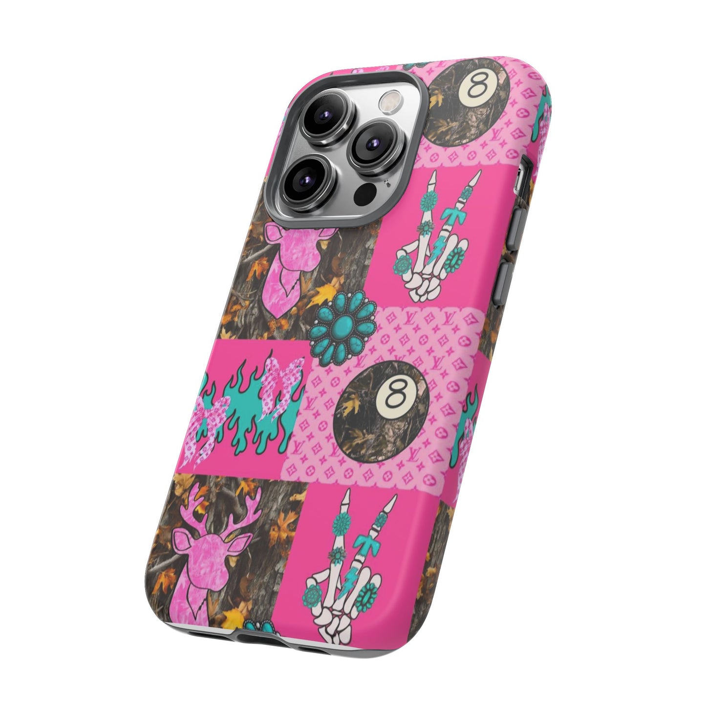 Pink Country Patchwork Phone Case – Billiard 8-Ball, Deer & Skeleton Hand Design