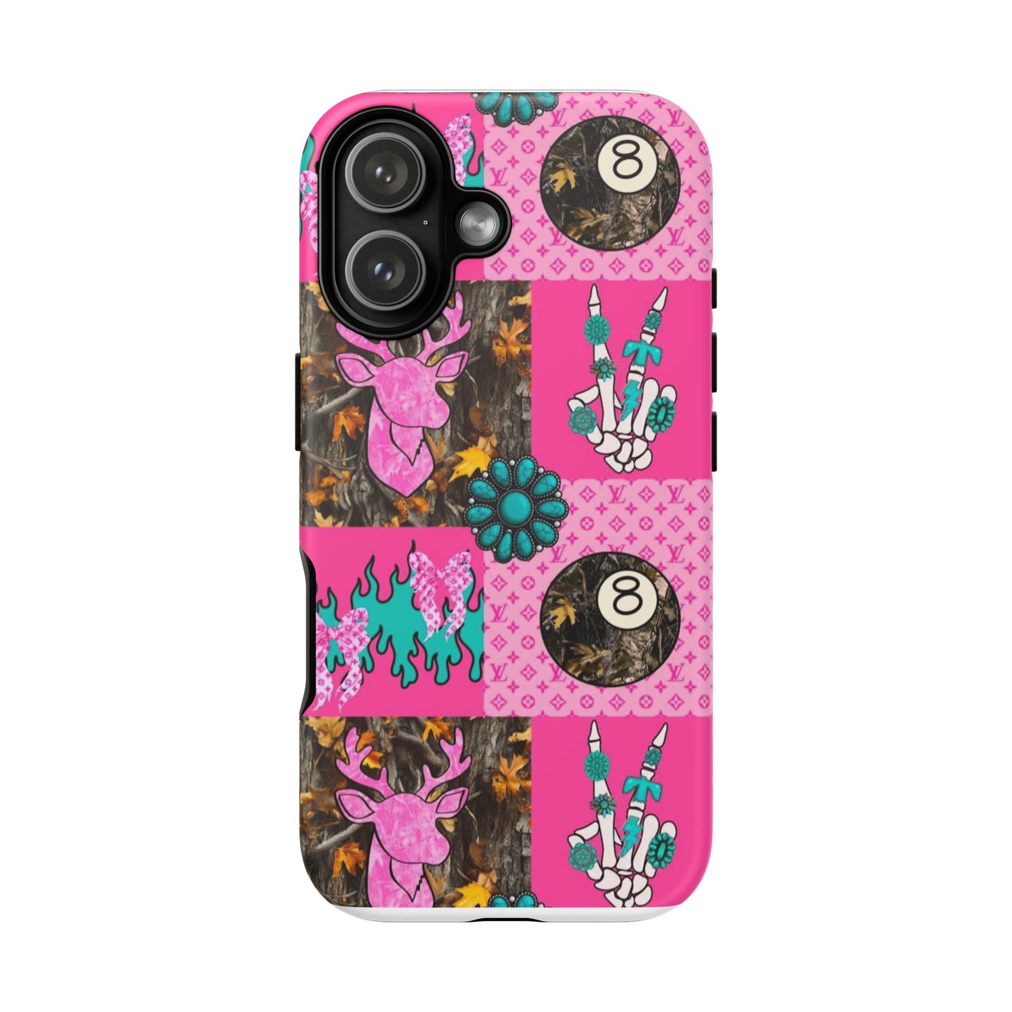 Pink Country Patchwork Phone Case – Billiard 8-Ball, Deer & Skeleton Hand Design