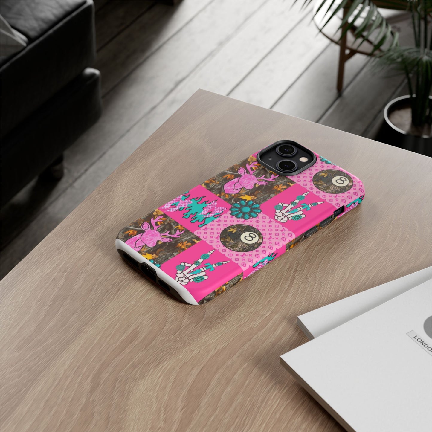 Pink Country Patchwork Phone Case – Billiard 8-Ball, Deer & Skeleton Hand Design