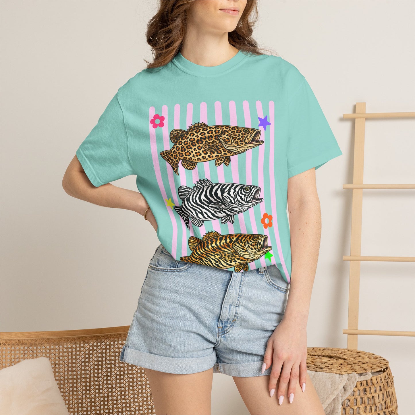 Leopard, Zebra & Tiger Fish Graphic T-Shirt — Cute Floral Striped Animal Print Tee
