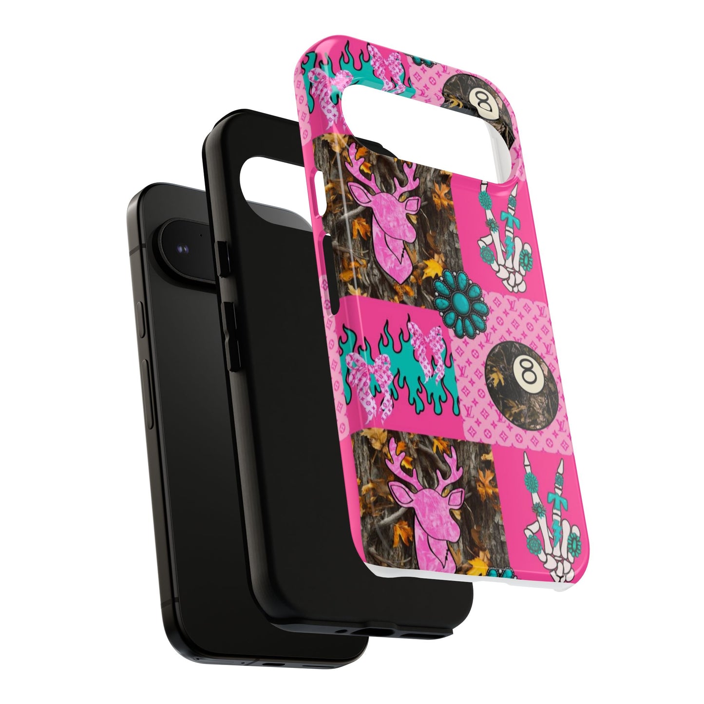 Pink Country Patchwork Phone Case – Billiard 8-Ball, Deer & Skeleton Hand Design