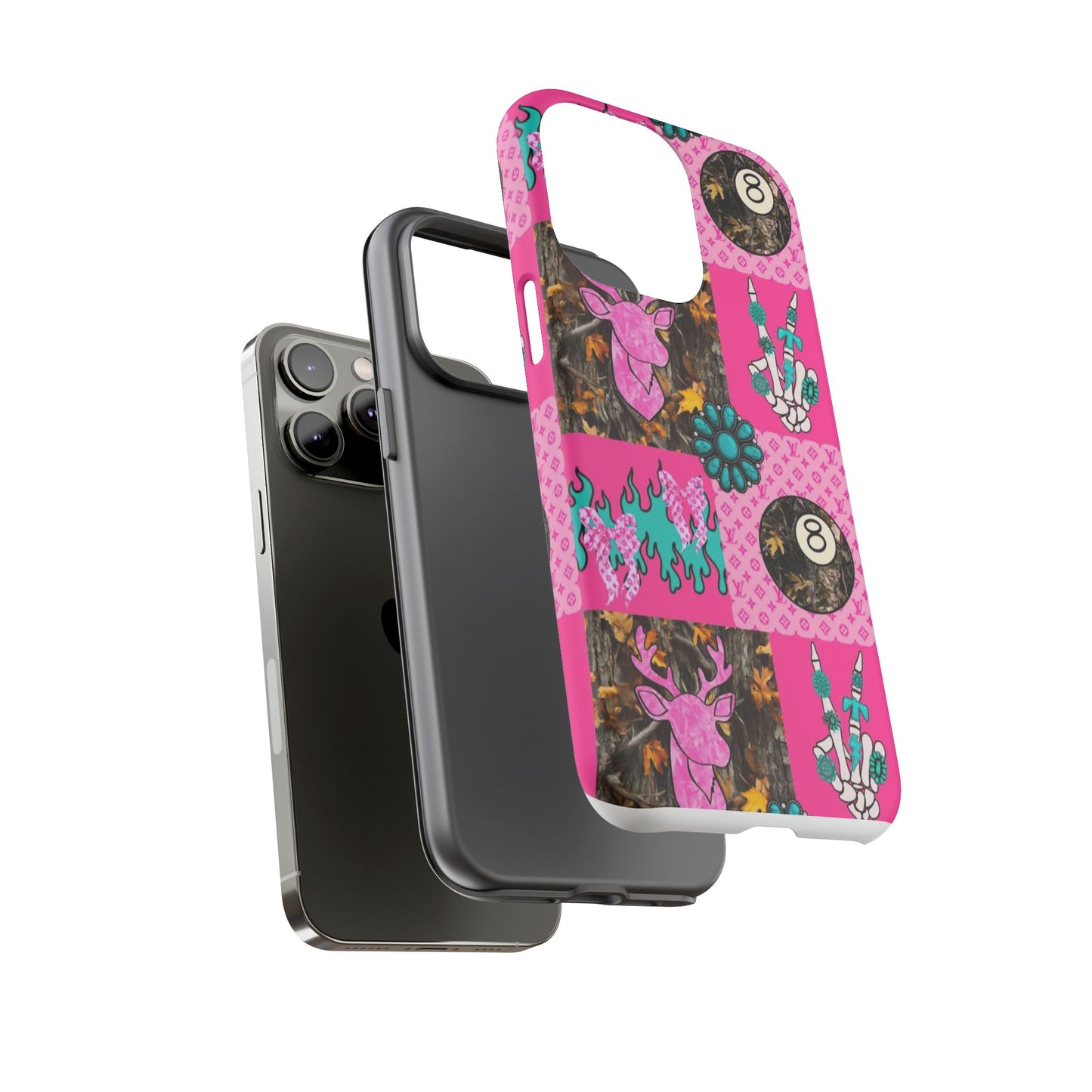 Pink Country Patchwork Phone Case – Billiard 8-Ball, Deer & Skeleton Hand Design