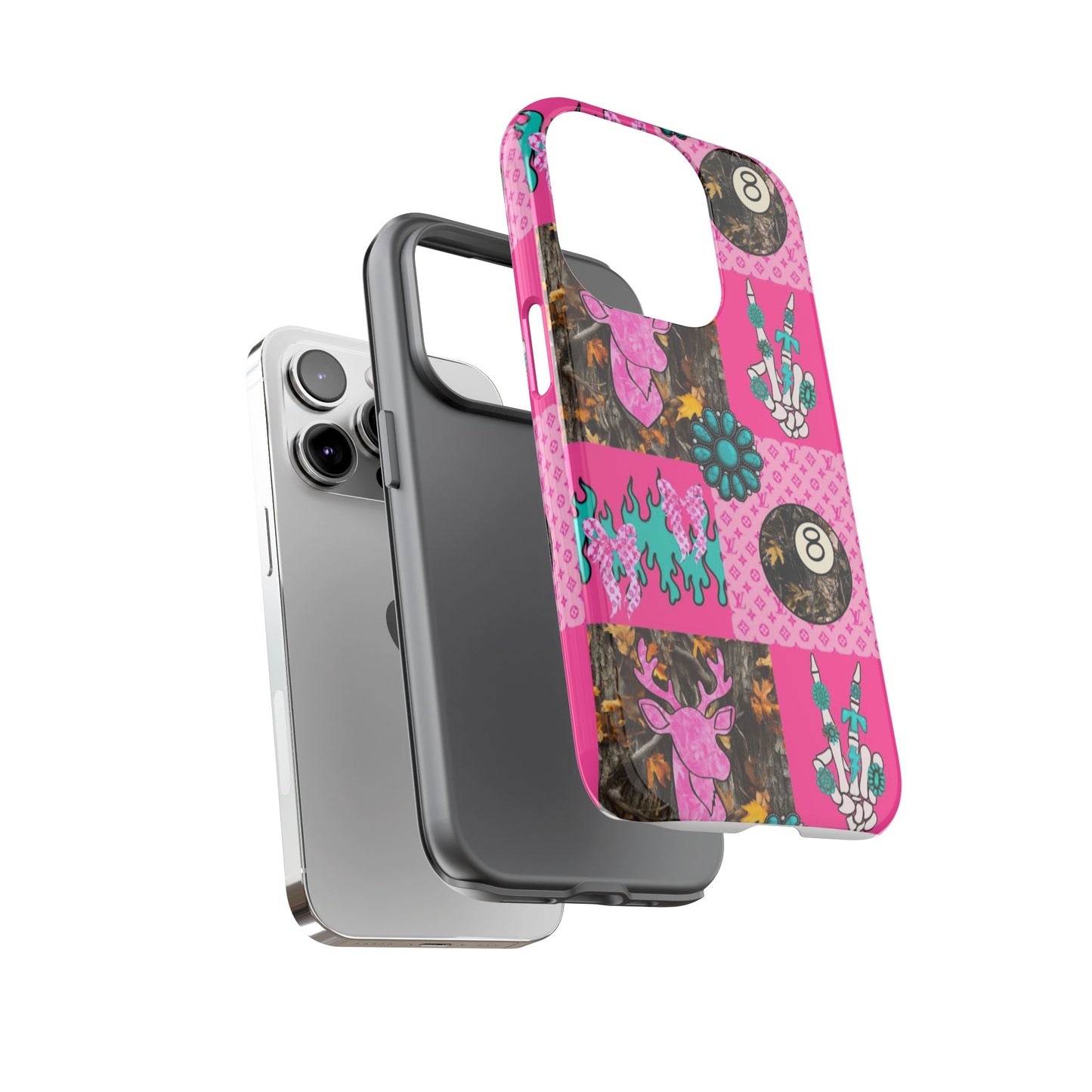 Pink Country Patchwork Phone Case – Billiard 8-Ball, Deer & Skeleton Hand Design