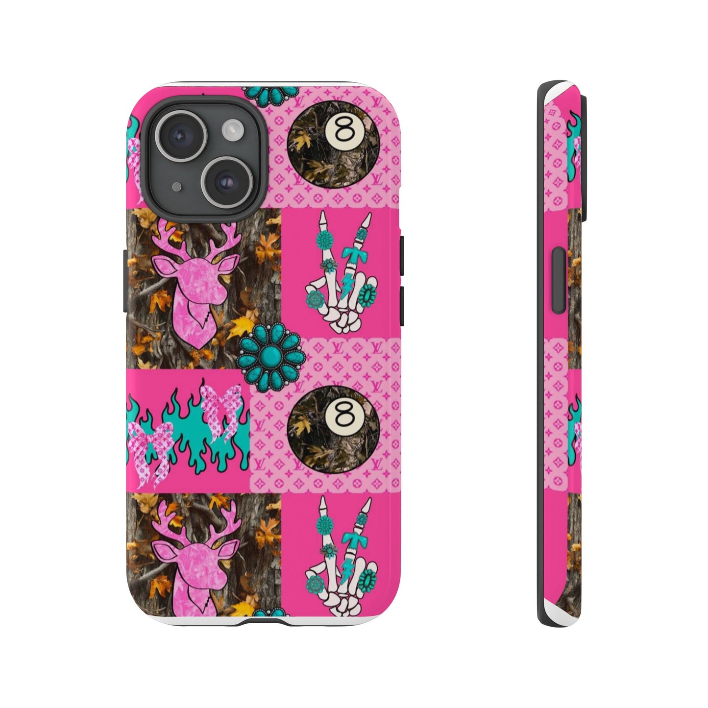 Pink Country Patchwork Phone Case – Billiard 8-Ball, Deer & Skeleton Hand Design