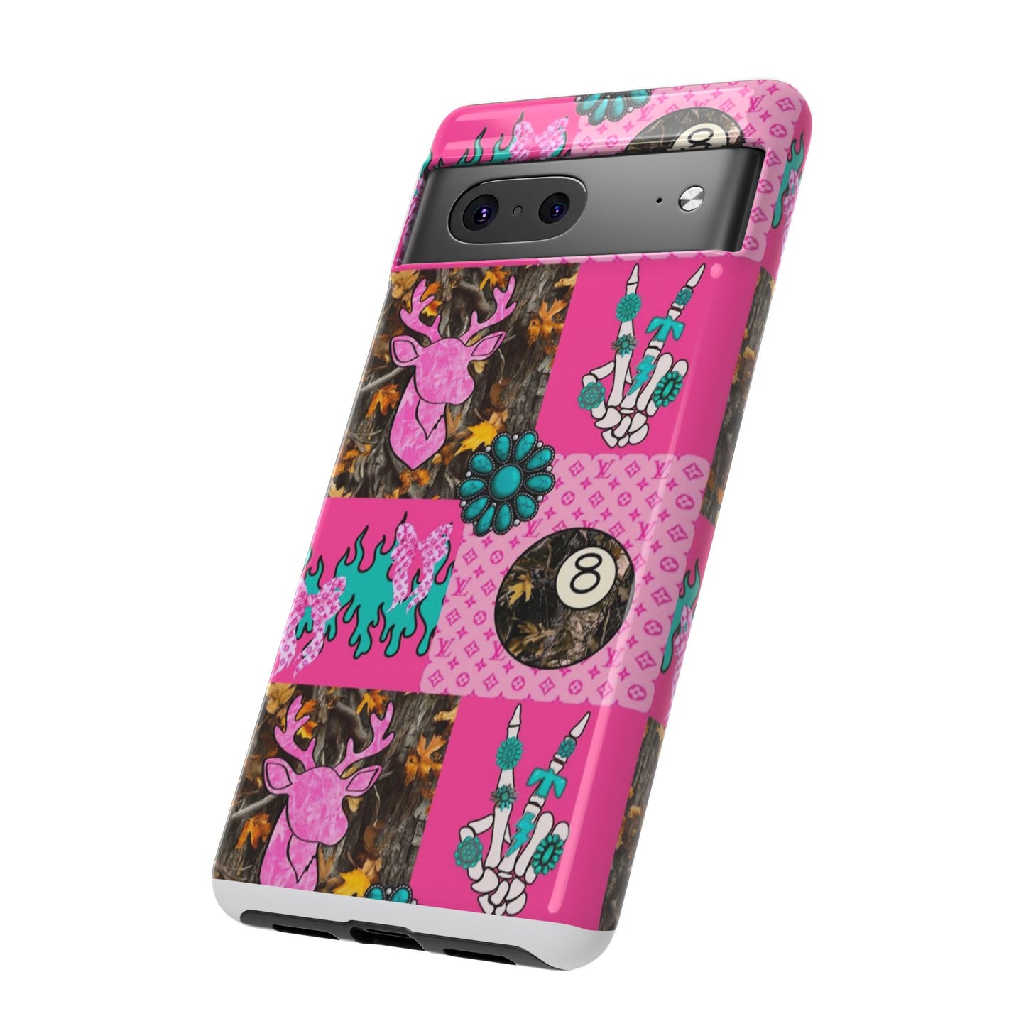 Pink Country Patchwork Phone Case – Billiard 8-Ball, Deer & Skeleton Hand Design