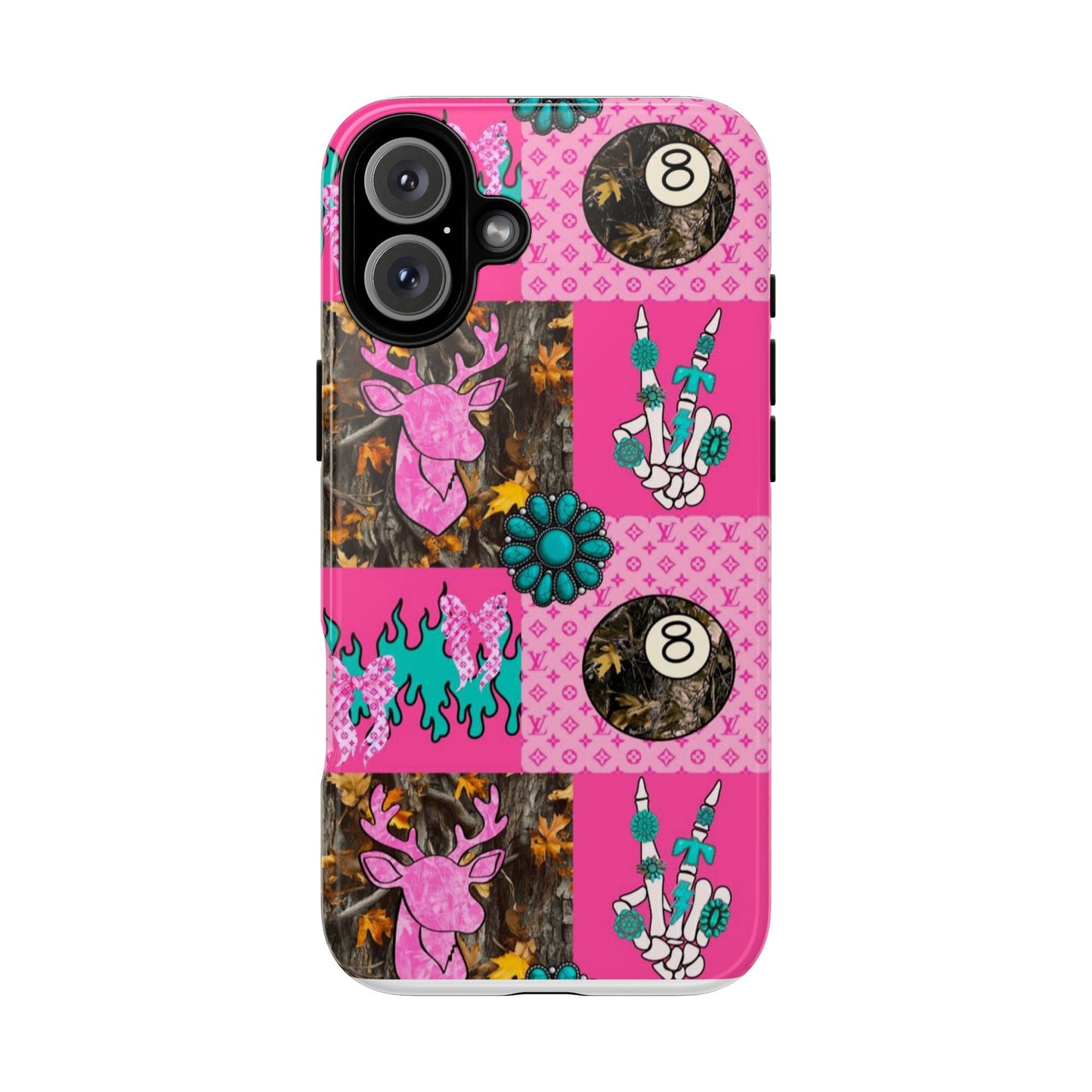 Pink Country Patchwork Phone Case – Billiard 8-Ball, Deer & Skeleton Hand Design