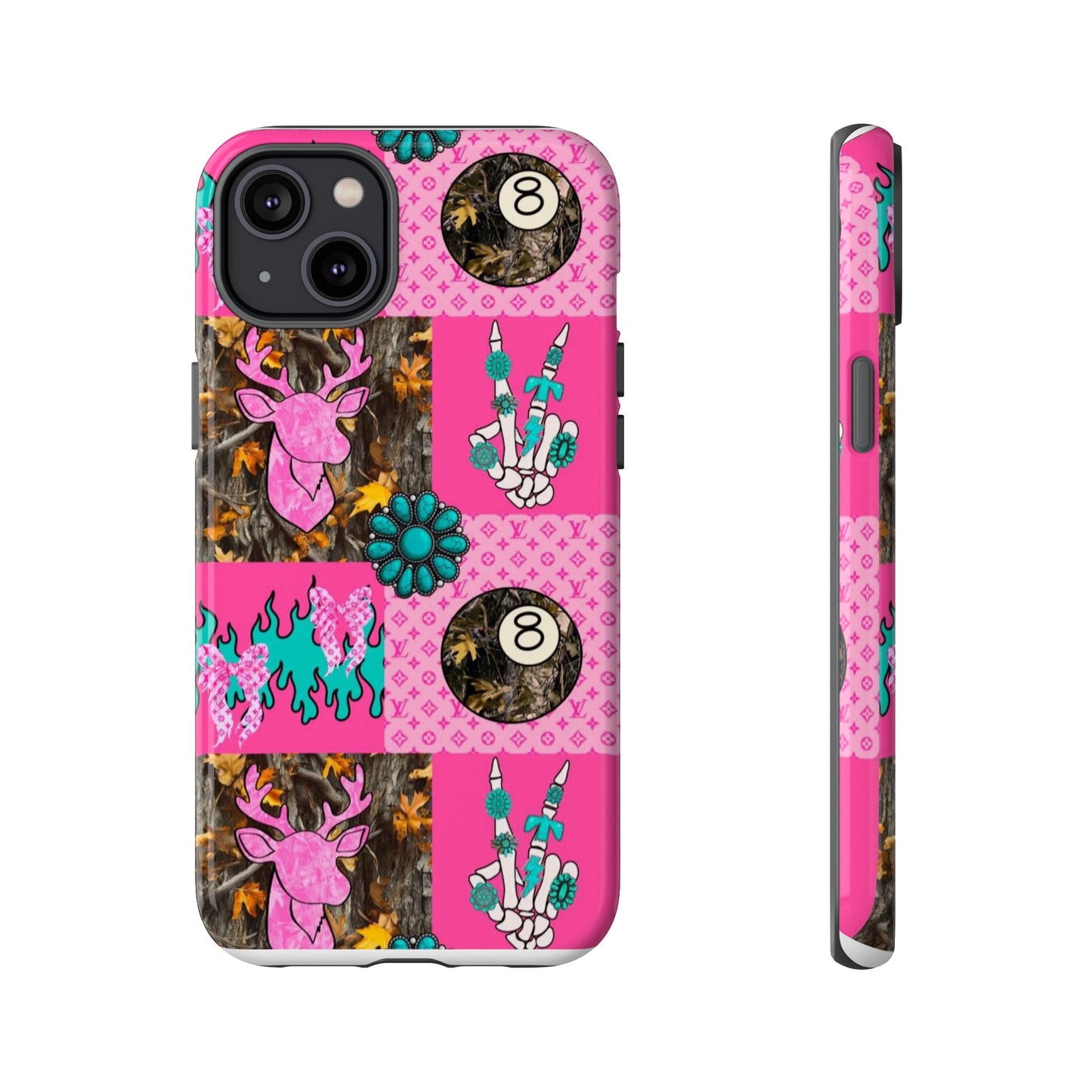 Pink Country Patchwork Phone Case – Billiard 8-Ball, Deer & Skeleton Hand Design
