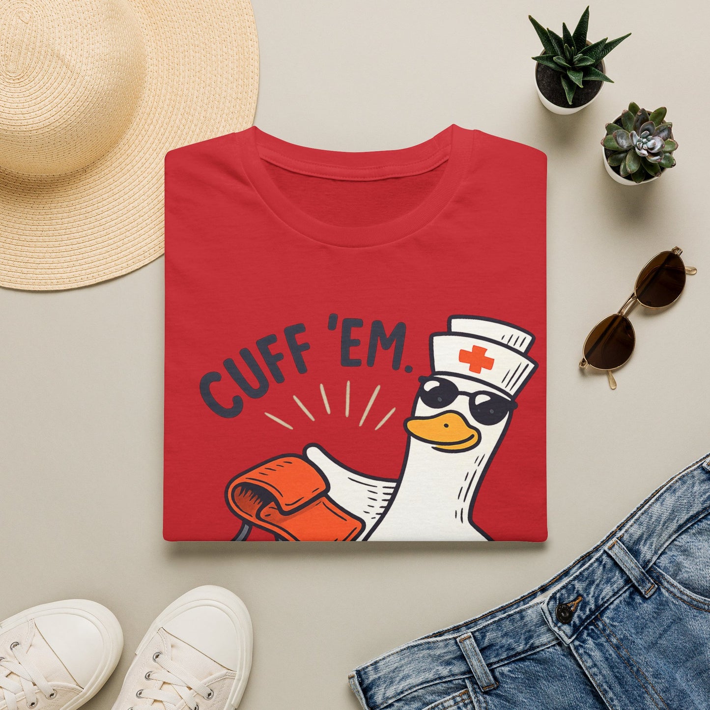 Nurse Goose "Cuff 'Em" T-Shirt — Funny Medical Humor Tee for Nurses & EMTs