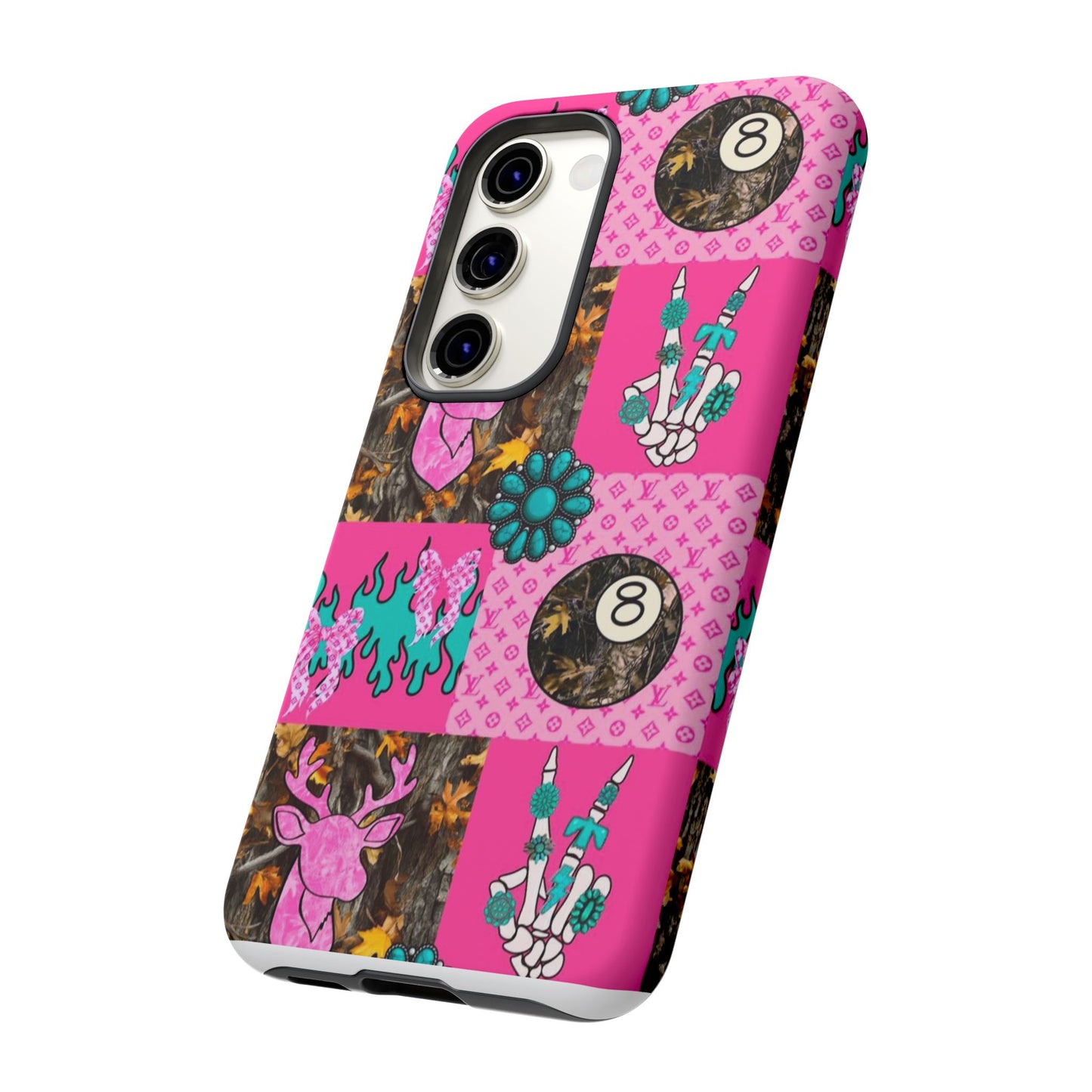 Pink Country Patchwork Phone Case – Billiard 8-Ball, Deer & Skeleton Hand Design