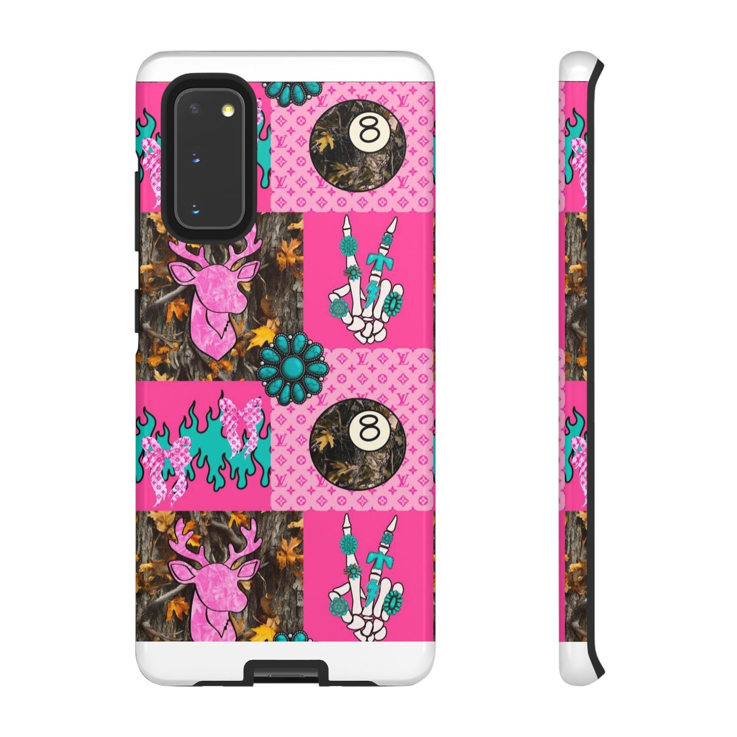 Pink Country Patchwork Phone Case – Billiard 8-Ball, Deer & Skeleton Hand Design