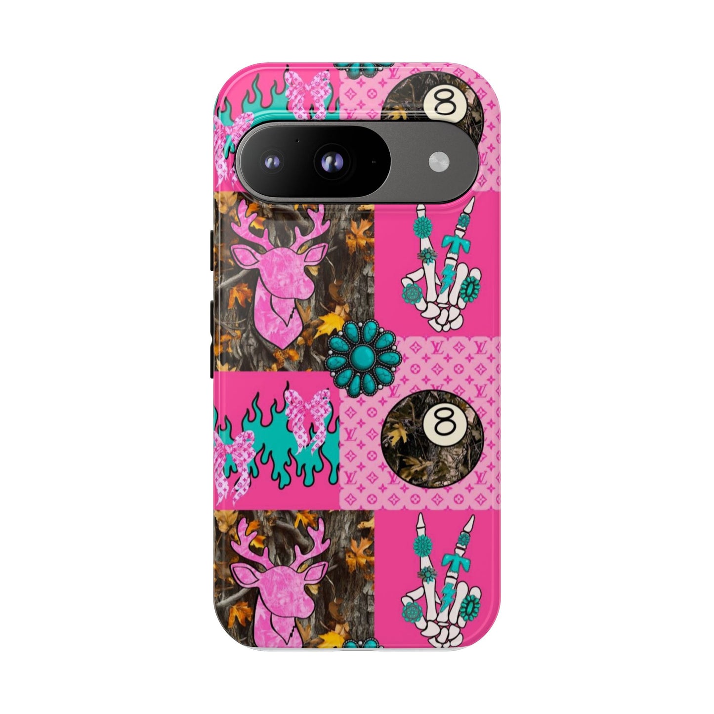 Pink Country Patchwork Phone Case – Billiard 8-Ball, Deer & Skeleton Hand Design
