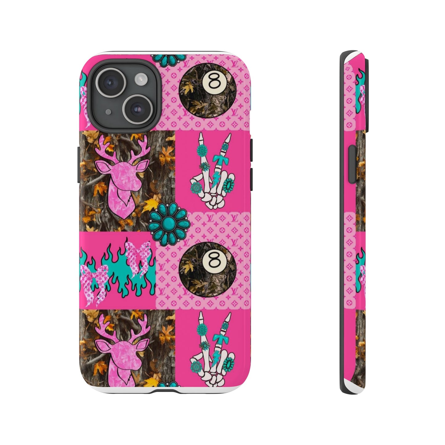 Pink Country Patchwork Phone Case – Billiard 8-Ball, Deer & Skeleton Hand Design