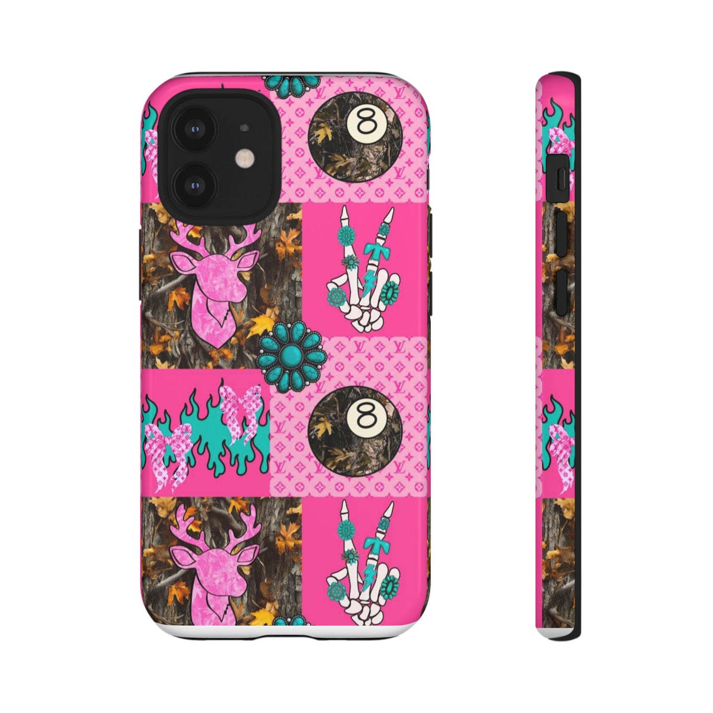 Pink Country Patchwork Phone Case – Billiard 8-Ball, Deer & Skeleton Hand Design
