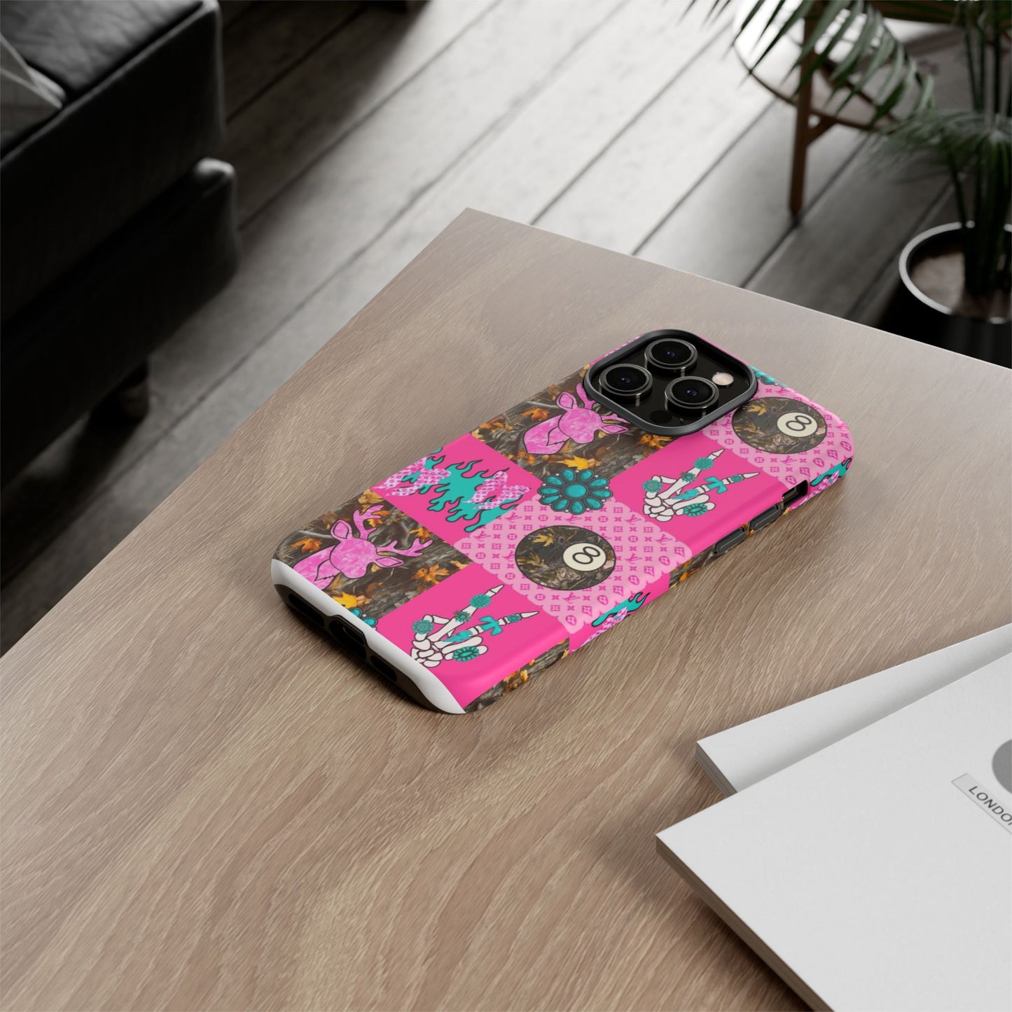 Pink Country Patchwork Phone Case – Billiard 8-Ball, Deer & Skeleton Hand Design