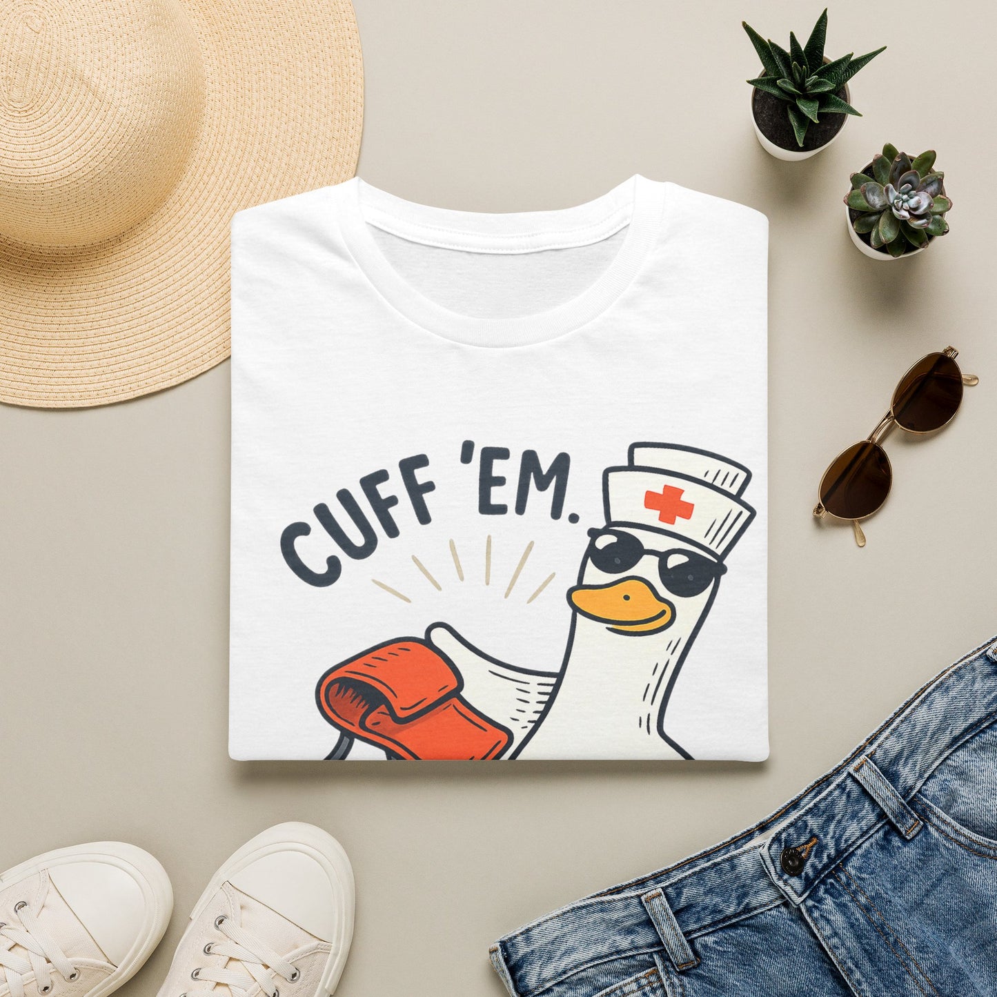 Nurse Goose "Cuff 'Em" T-Shirt — Funny Medical Humor Tee for Nurses & EMTs