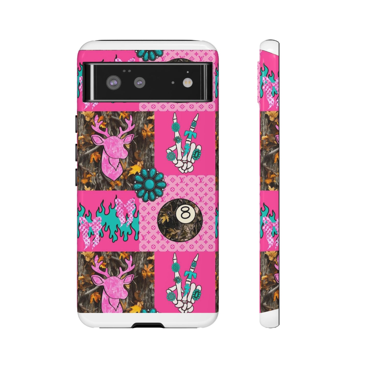 Pink Country Patchwork Phone Case – Billiard 8-Ball, Deer & Skeleton Hand Design
