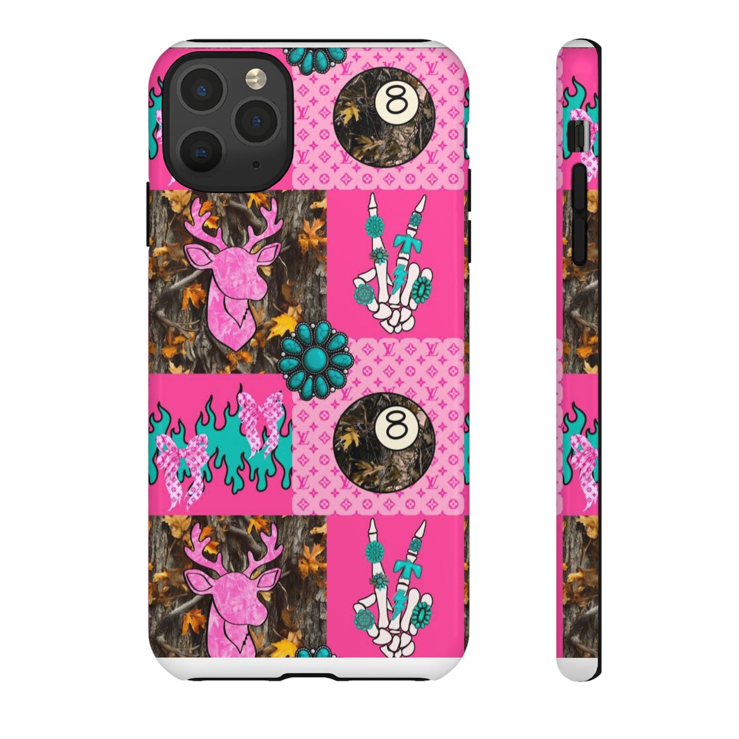 Pink Country Patchwork Phone Case – Billiard 8-Ball, Deer & Skeleton Hand Design