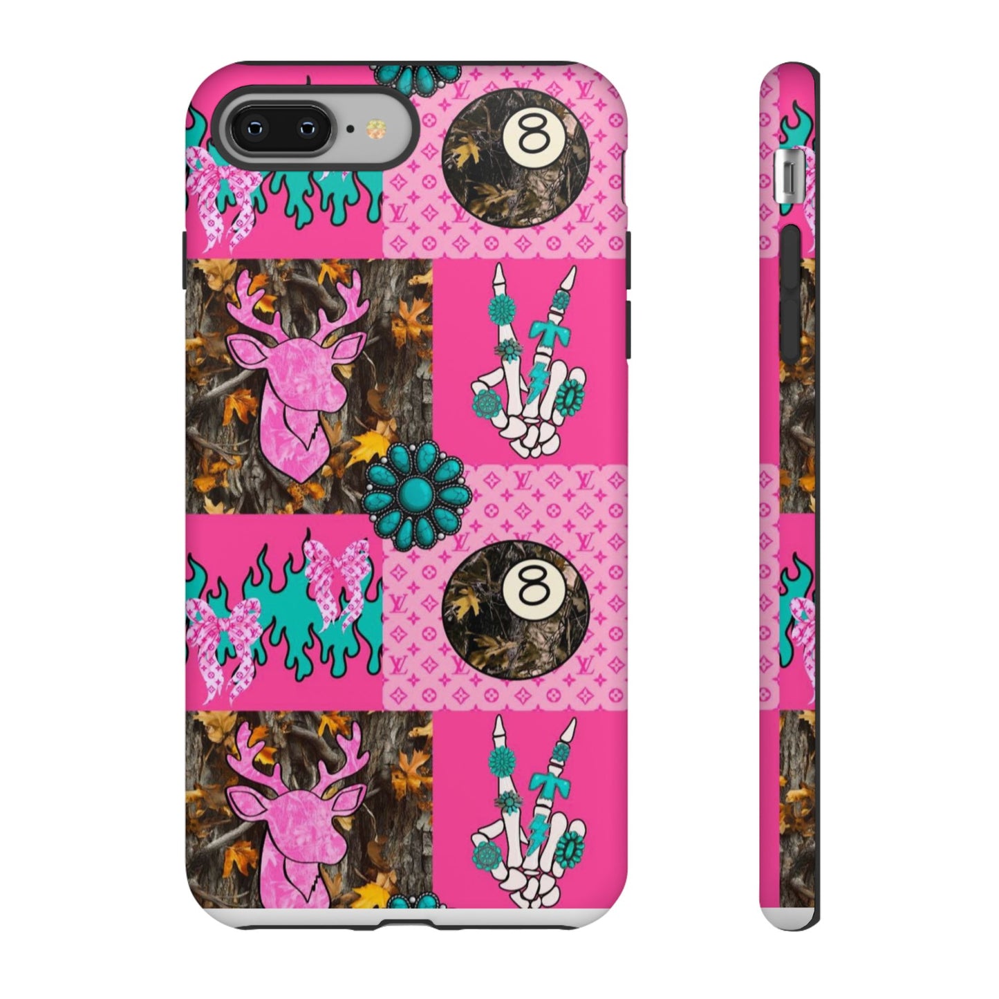 Pink Country Patchwork Phone Case – Billiard 8-Ball, Deer & Skeleton Hand Design