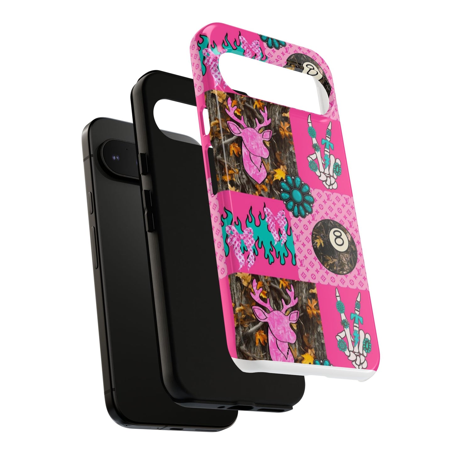 Pink Country Patchwork Phone Case – Billiard 8-Ball, Deer & Skeleton Hand Design