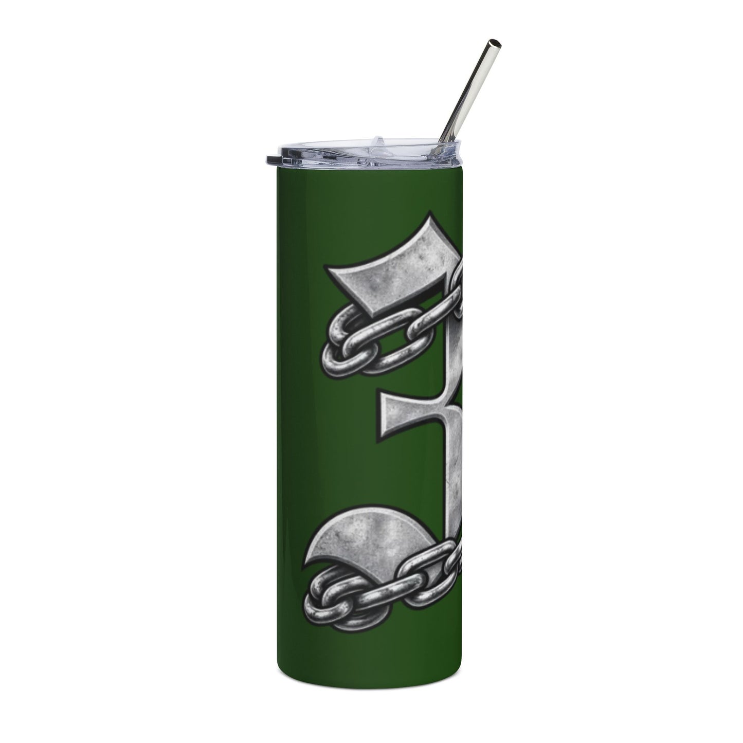 20oz Stainless Steel Tumbler — Green Gothic Letter with Chain Accent