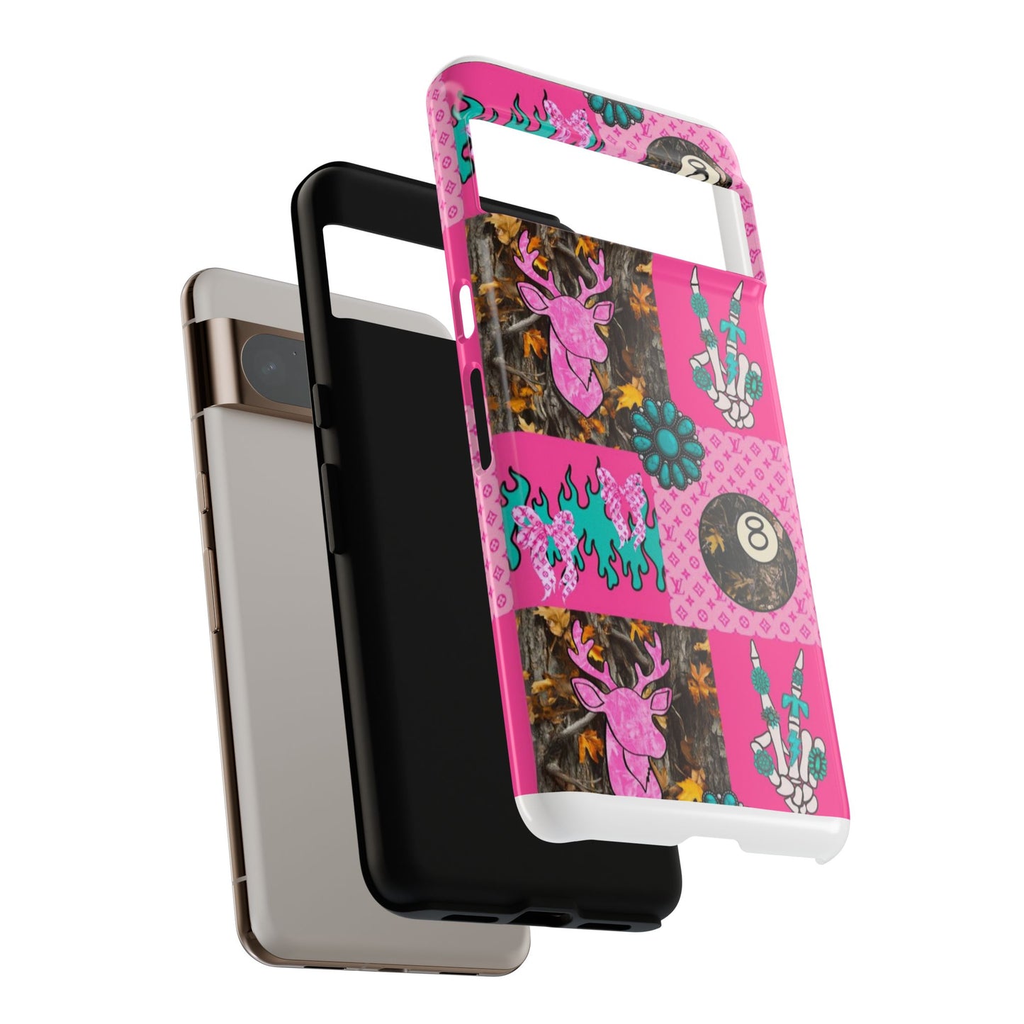 Pink Country Patchwork Phone Case – Billiard 8-Ball, Deer & Skeleton Hand Design