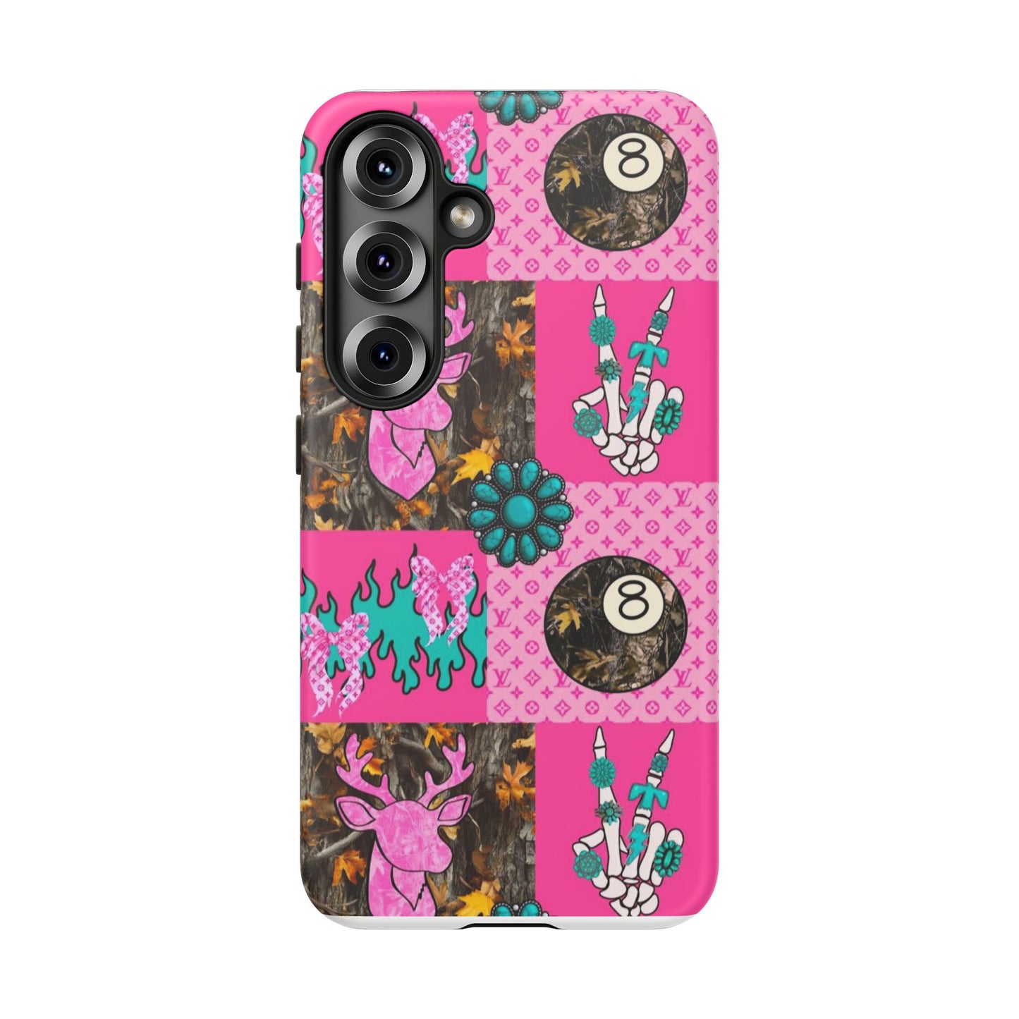 Pink Country Patchwork Phone Case – Billiard 8-Ball, Deer & Skeleton Hand Design