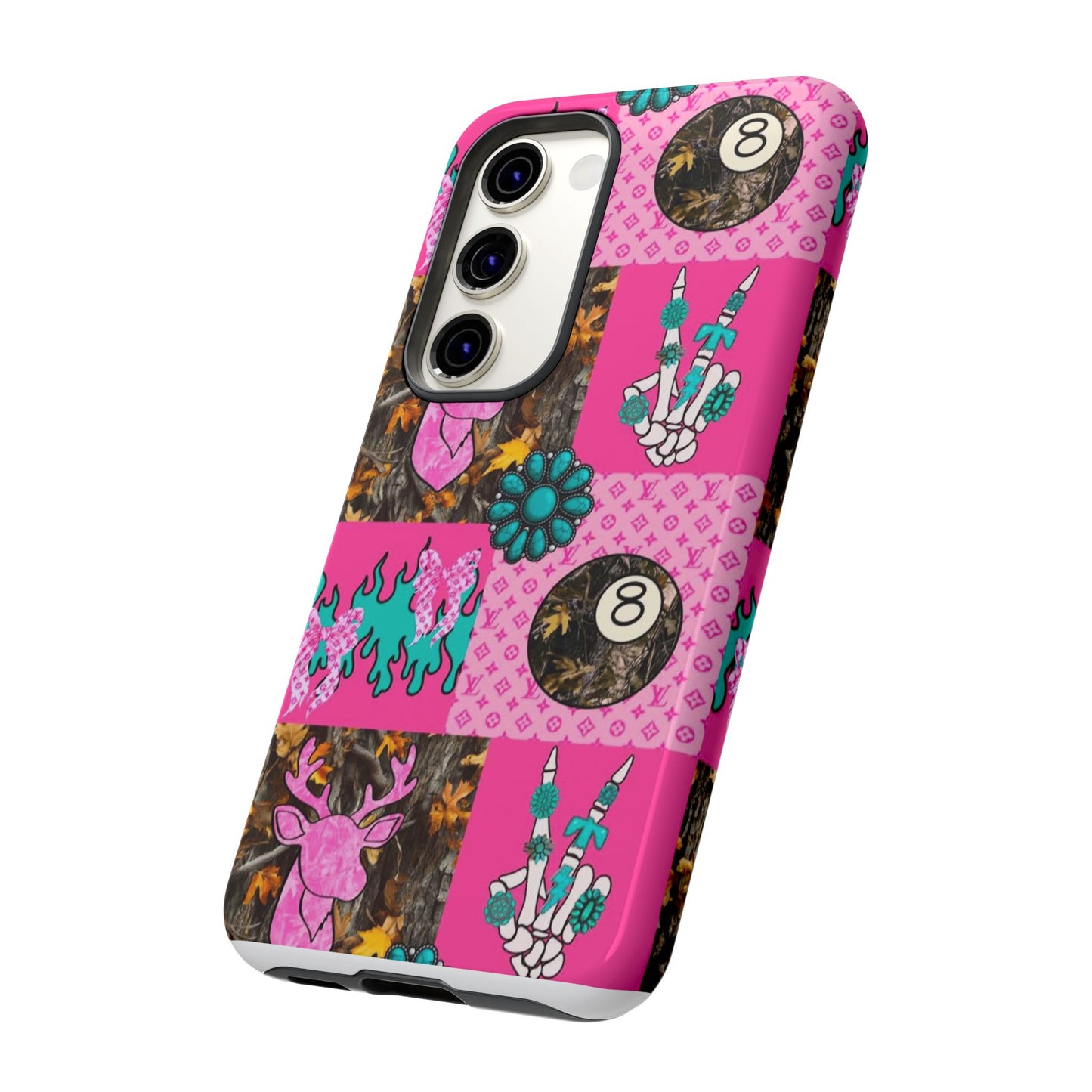 Pink Country Patchwork Phone Case – Billiard 8-Ball, Deer & Skeleton Hand Design