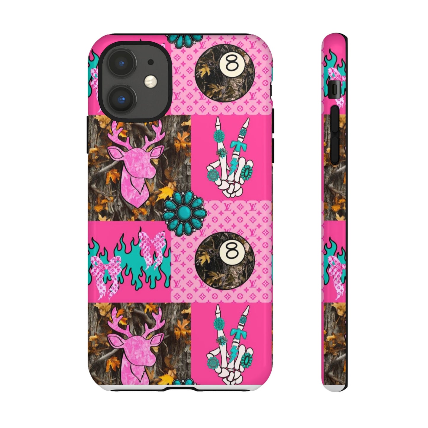 Pink Country Patchwork Phone Case – Billiard 8-Ball, Deer & Skeleton Hand Design
