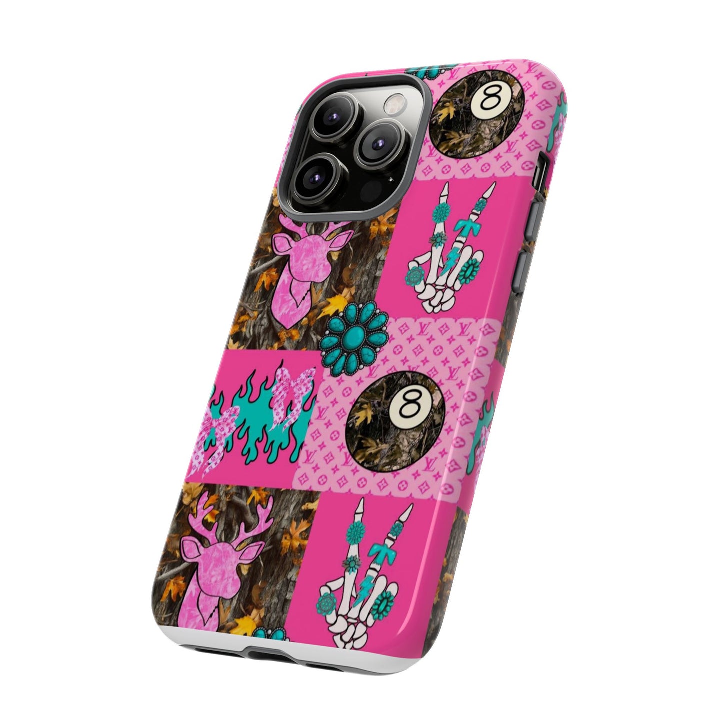 Pink Country Patchwork Phone Case – Billiard 8-Ball, Deer & Skeleton Hand Design