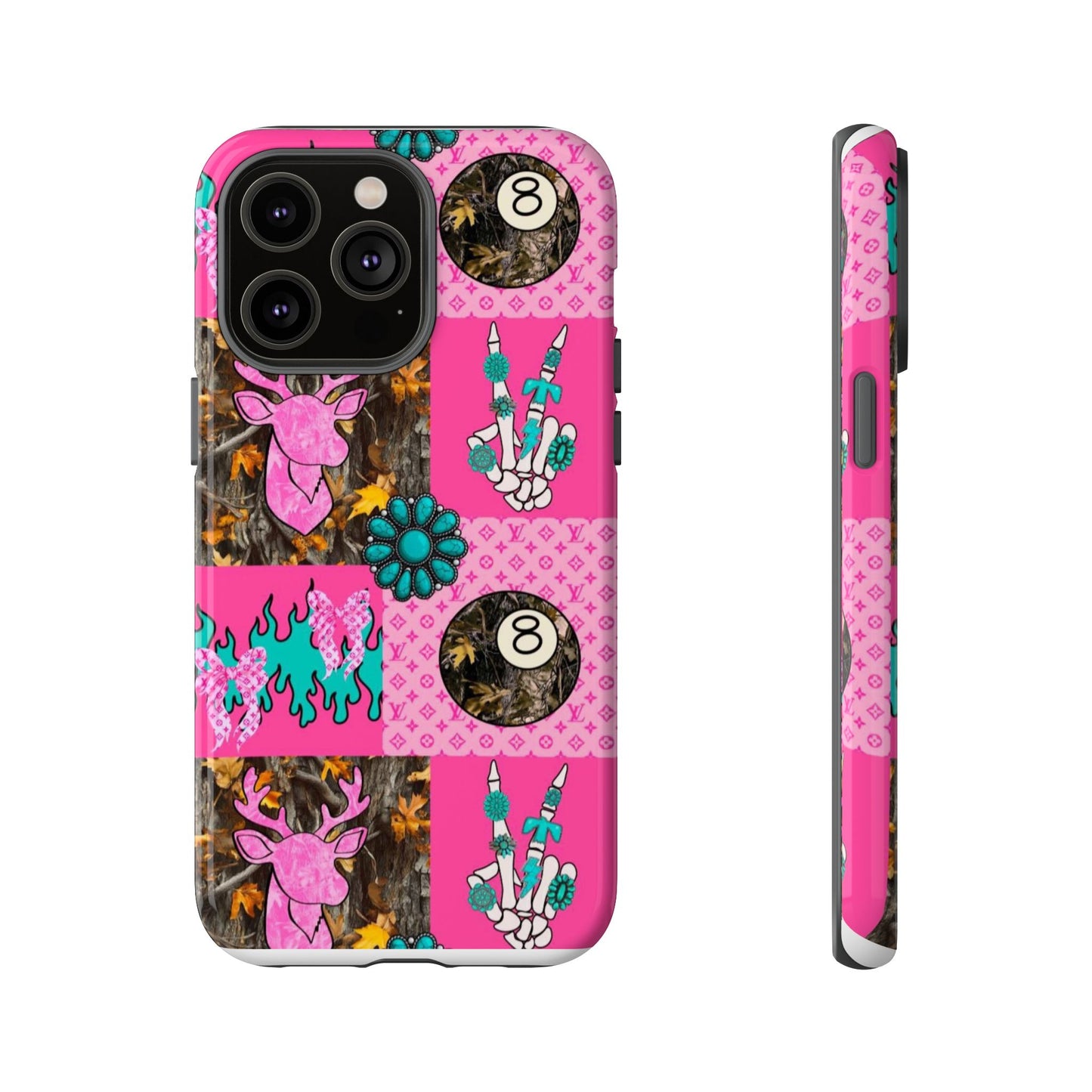 Pink Country Patchwork Phone Case – Billiard 8-Ball, Deer & Skeleton Hand Design