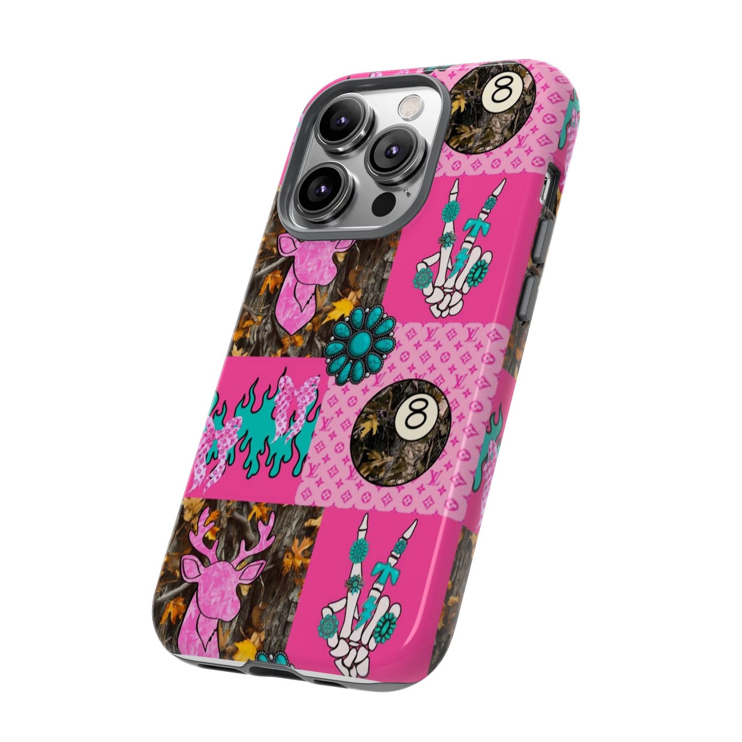 Pink Country Patchwork Phone Case – Billiard 8-Ball, Deer & Skeleton Hand Design