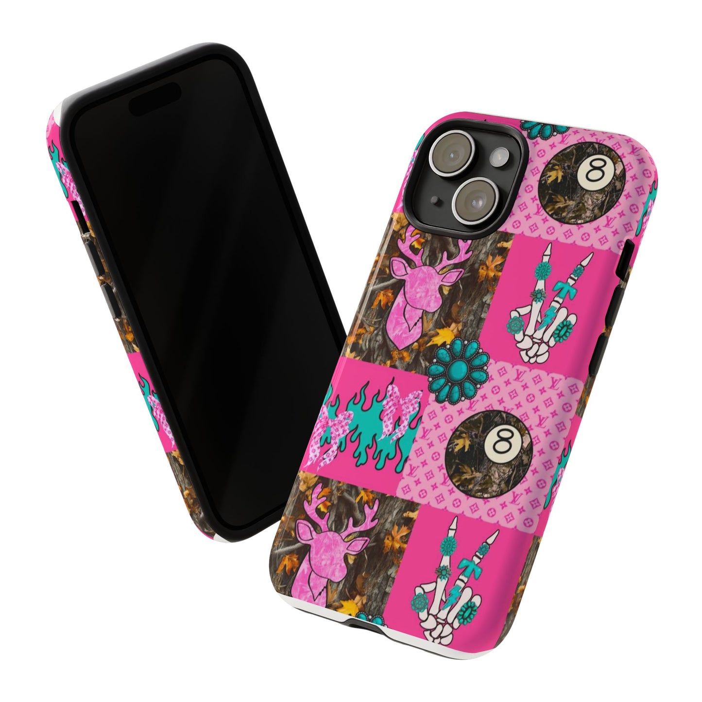 Pink Country Patchwork Phone Case – Billiard 8-Ball, Deer & Skeleton Hand Design