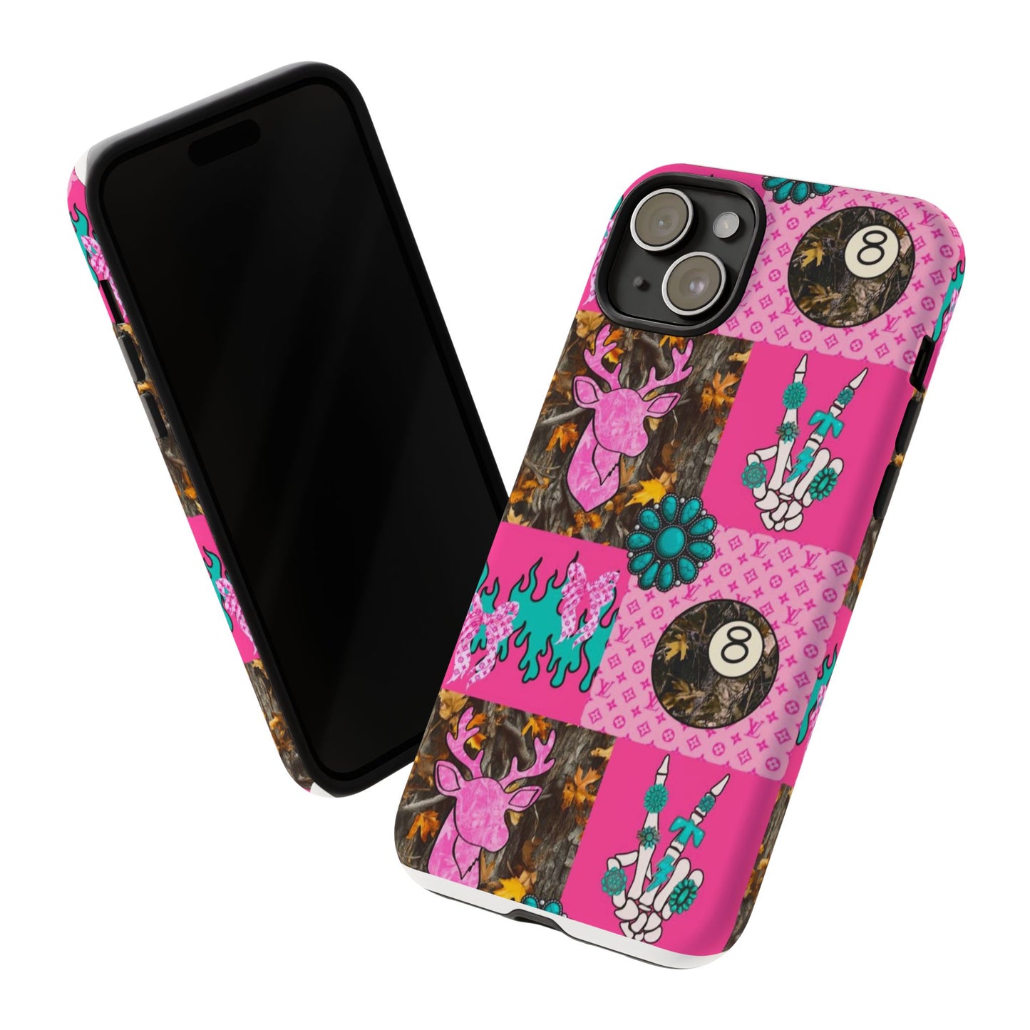Pink Country Patchwork Phone Case – Billiard 8-Ball, Deer & Skeleton Hand Design